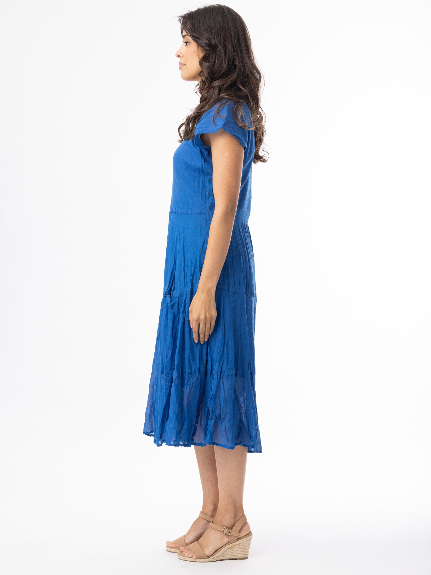 Orientique 51905 Gauze Essentials Dress relaxed-fit midi dress with short sleeves, round neckline and tiered flowing skirt.
