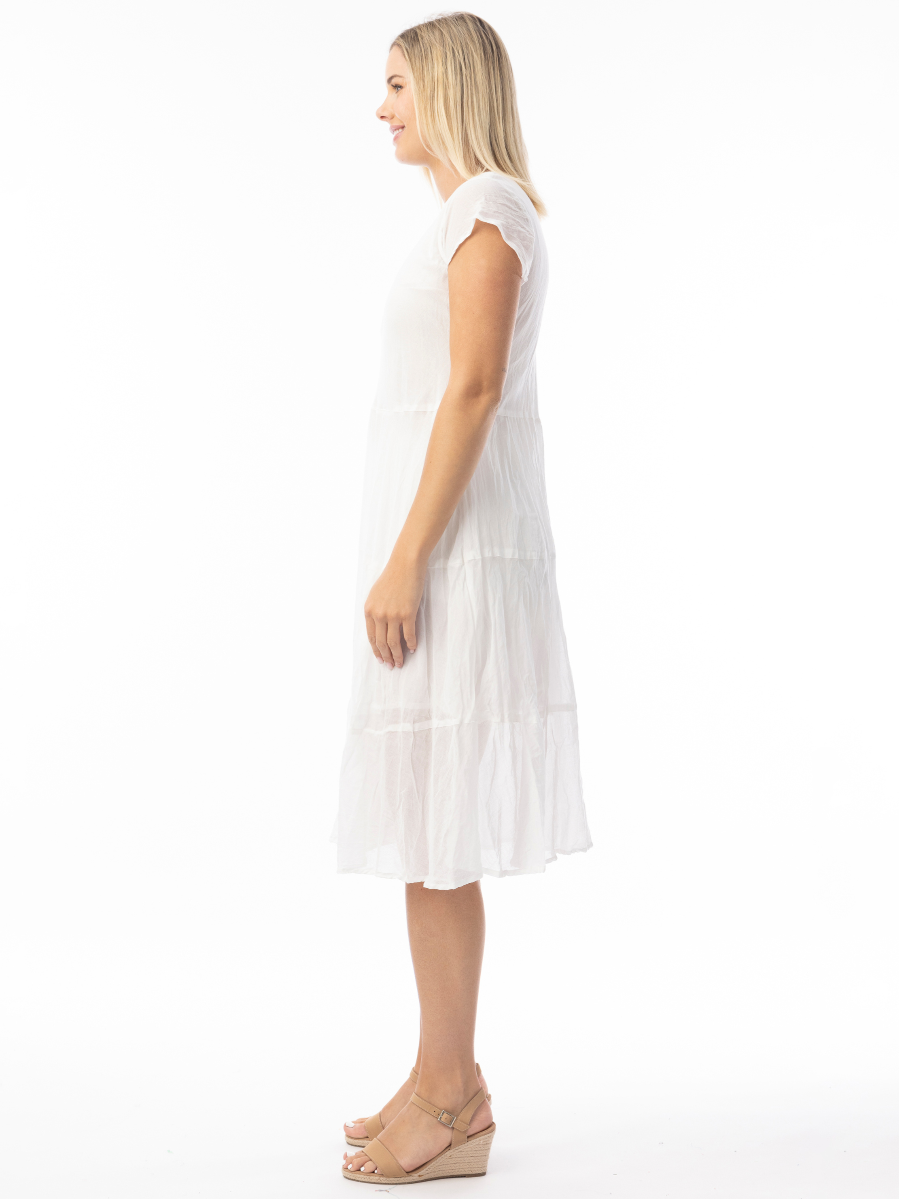 Orientique 51905 Gauze Essentials Dress relaxed-fit midi dress with short sleeves, round neckline and tiered flowing skirt.