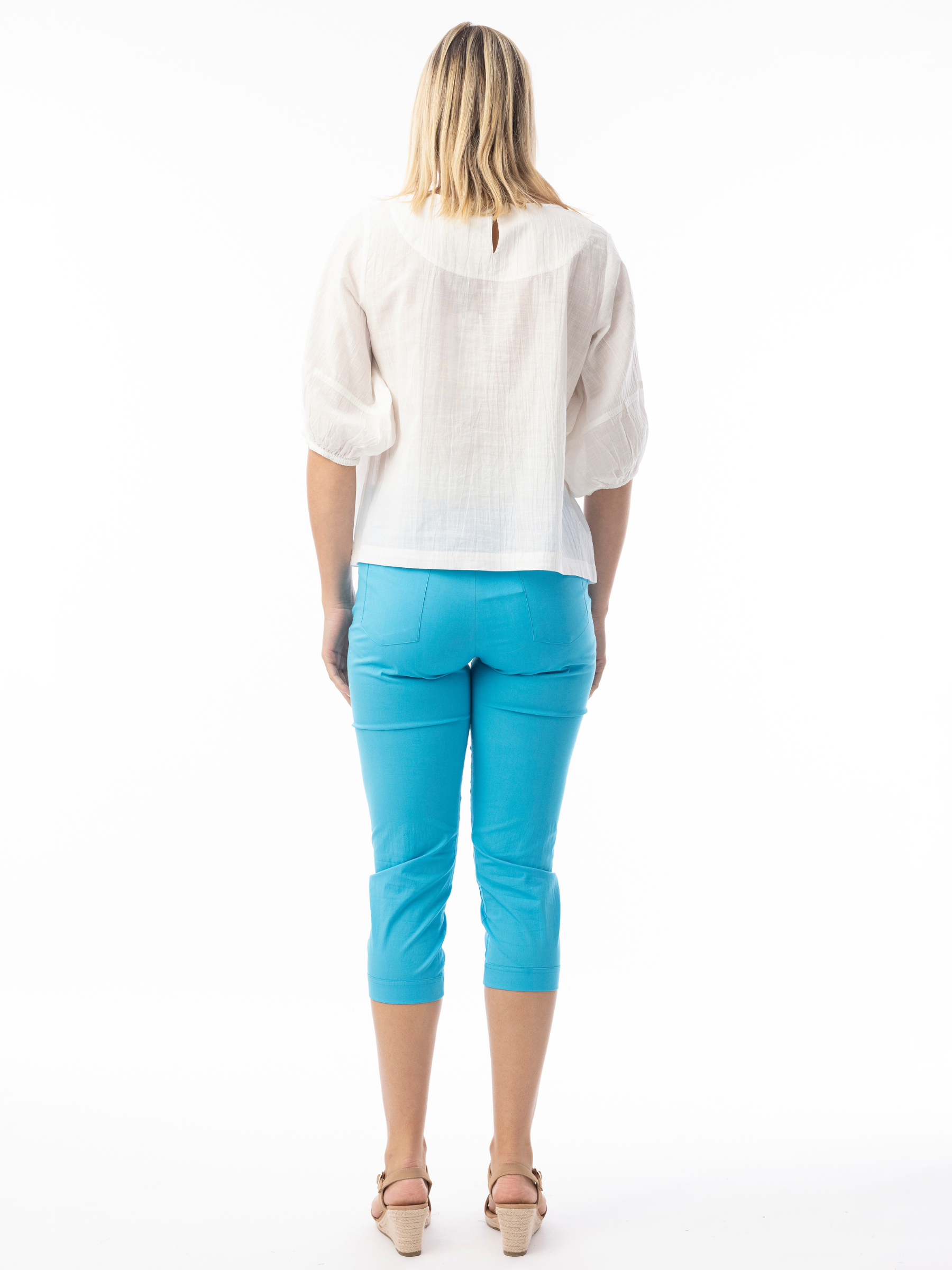 Orientique 5620 Bangalene Capri Pants women’s slim-leg cropped capri trousers with pull-on waistband and streamlined fit.