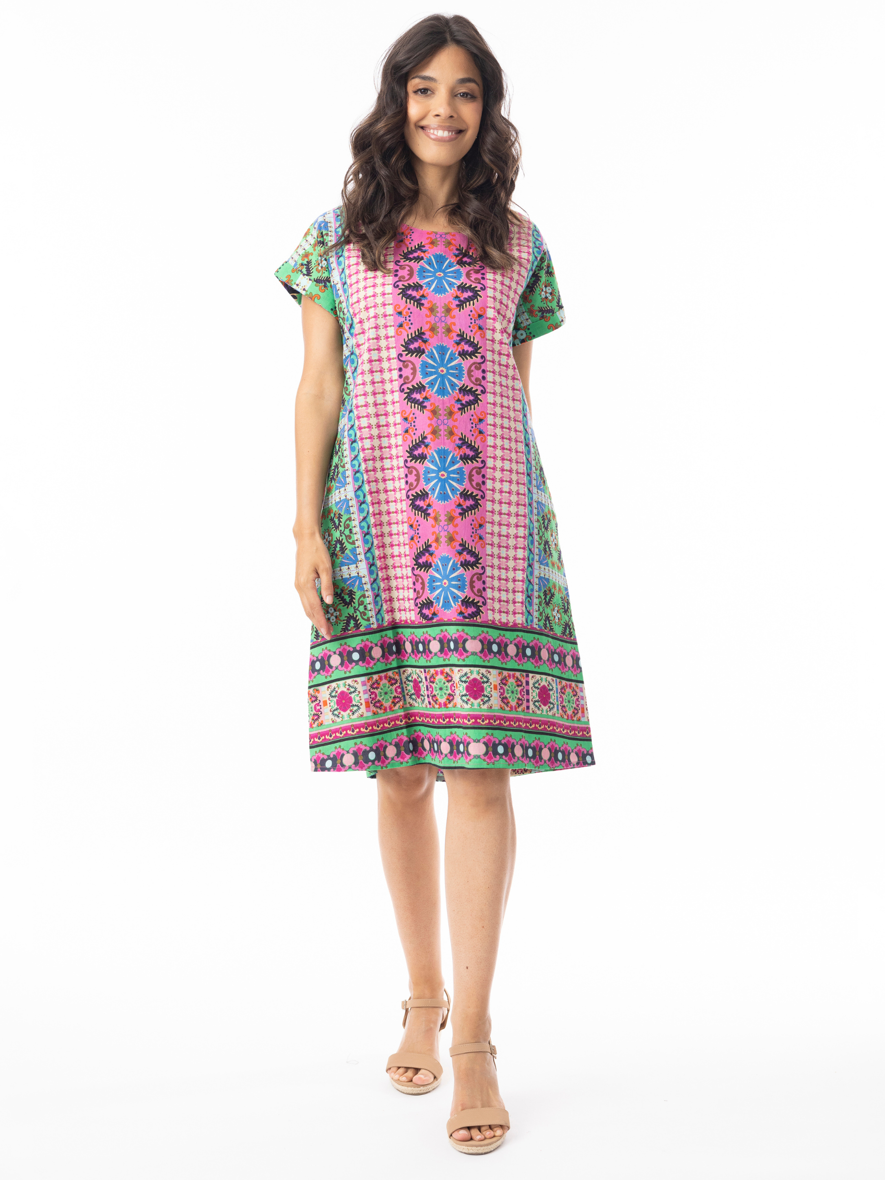 Orientique 61736 Sao Bento Dress, reversible knee-length shift dress with short sleeves and a round neckline, shown in two different prints.