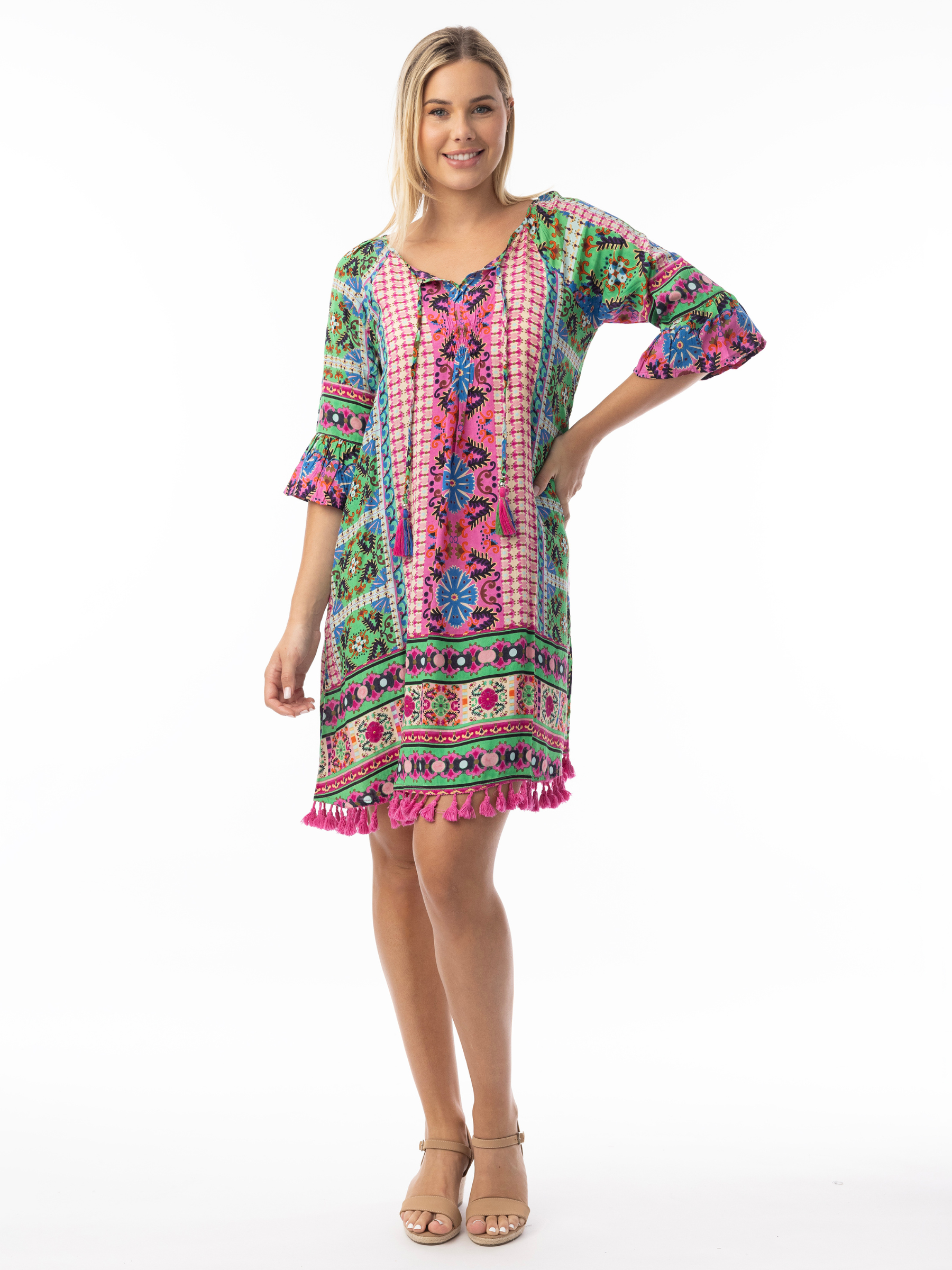 Orientique 61738 Sao Bento Dress women’s knee-length printed shift dress with three-quarter flared sleeves, tassel neckline detail and relaxed silhouette.