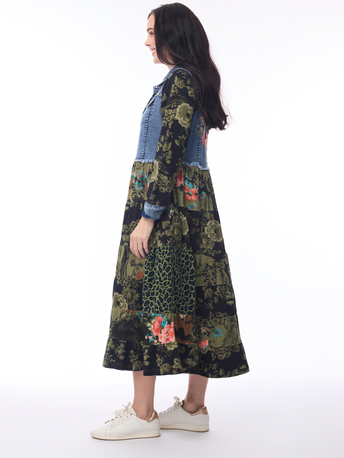 Orientique 61787 Keqioa Dress with denim bodice, collared neckline and tiered skirt