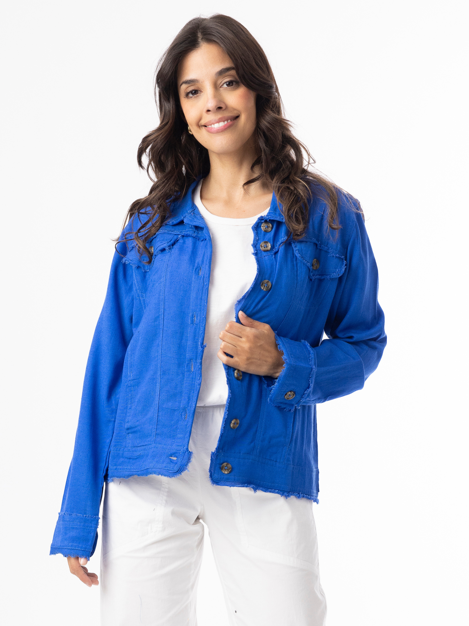 Orientique 62770 Linen Essentials Jacket relaxed-fit button-through jacket with collar, flap chest pockets and raw edge detailing.