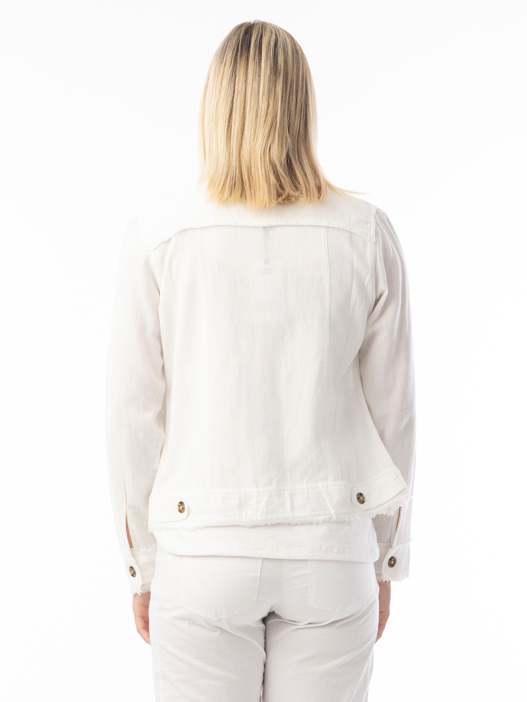 Orientique 62770 Linen Essentials Jacket relaxed-fit button-through jacket with collar, flap chest pockets and raw edge detailing.