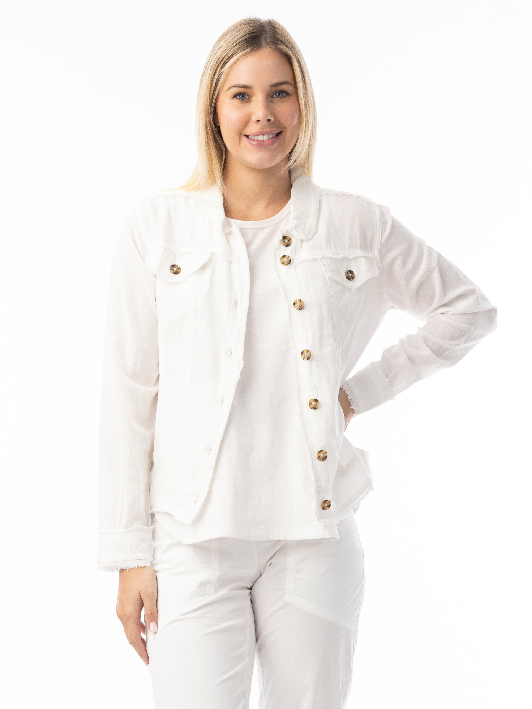 Orientique 62770 Linen Essentials Jacket relaxed-fit button-through jacket with collar, flap chest pockets and raw edge detailing.