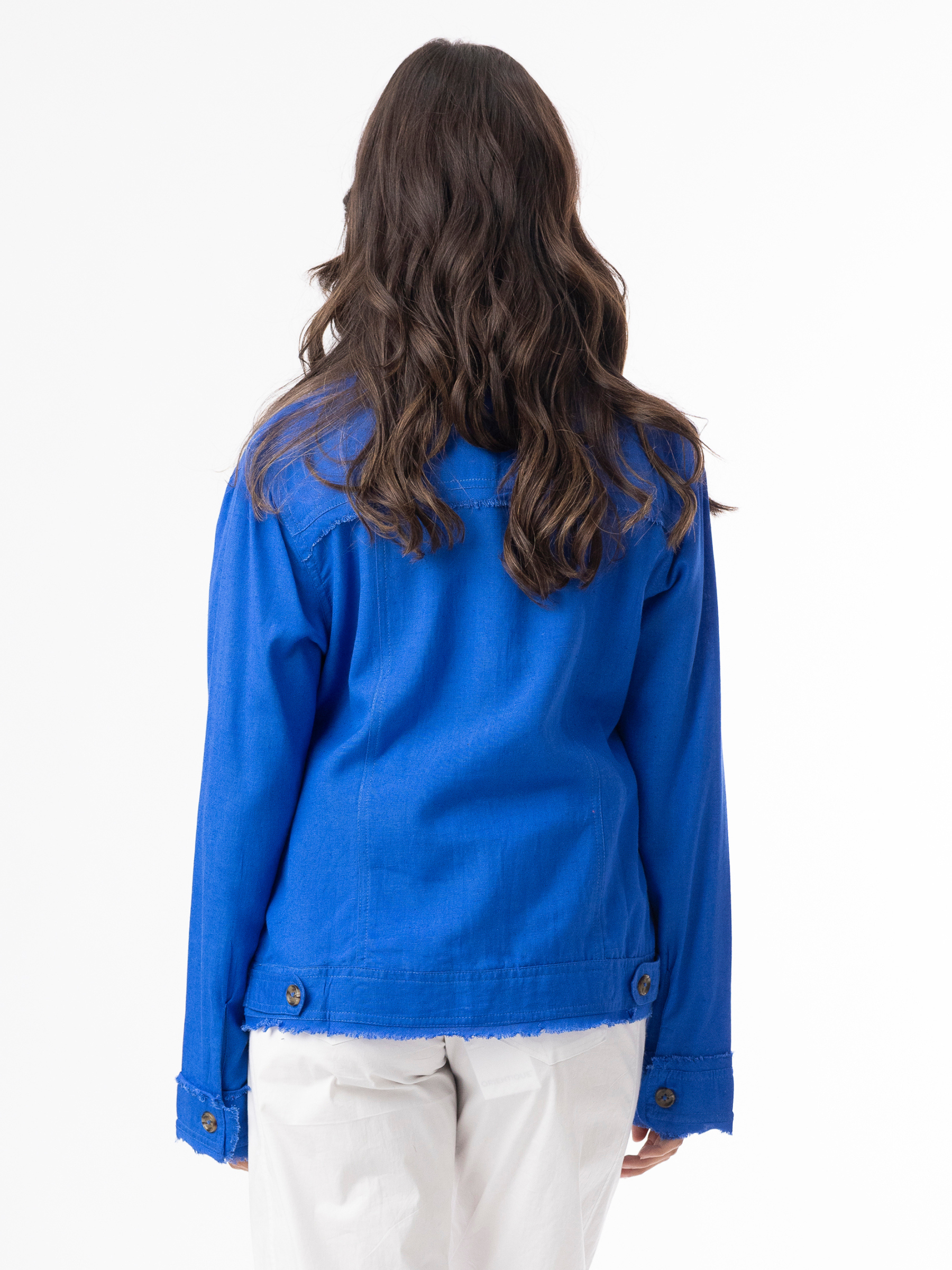 Orientique 62770 Linen Essentials Jacket relaxed-fit button-through jacket with collar, flap chest pockets and raw edge detailing.