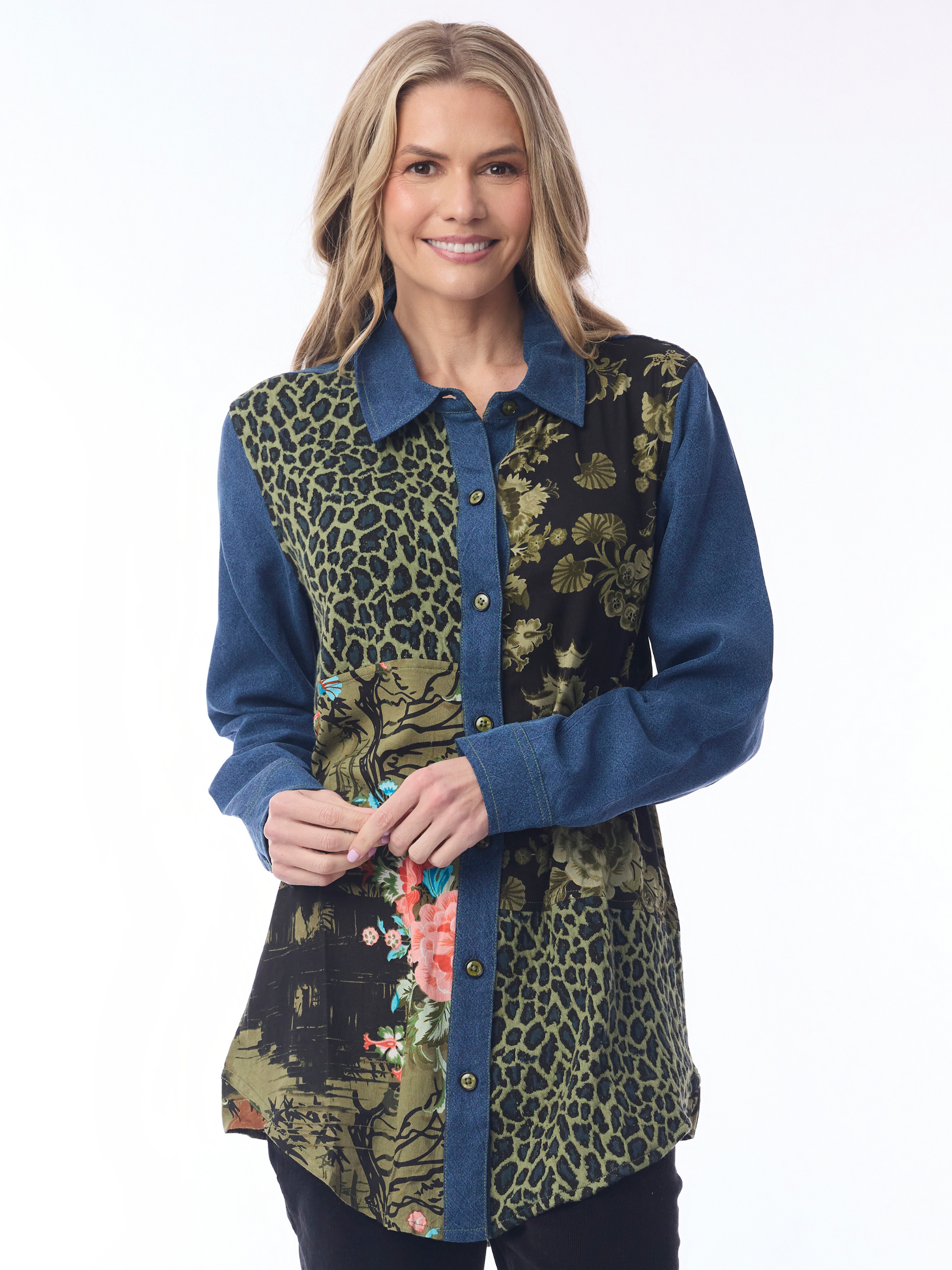 Orientique 62808 Keqioa Shirt with collared neckline, button front, long sleeves and mixed-print panels