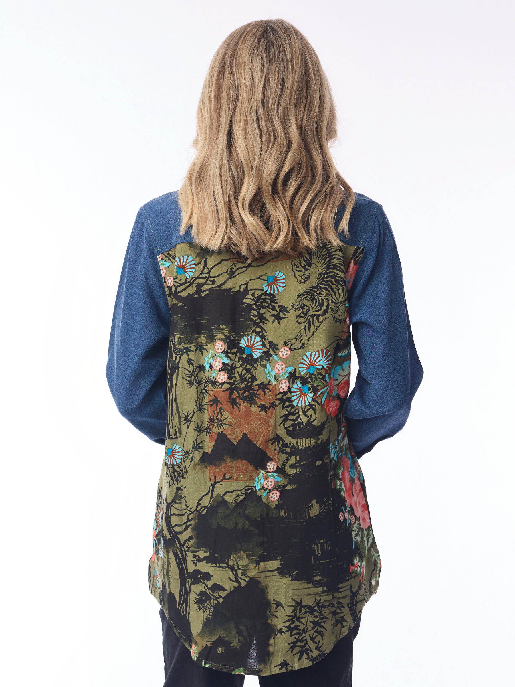 Orientique 62808 Keqioa Shirt with collared neckline, button front, long sleeves and mixed-print panels