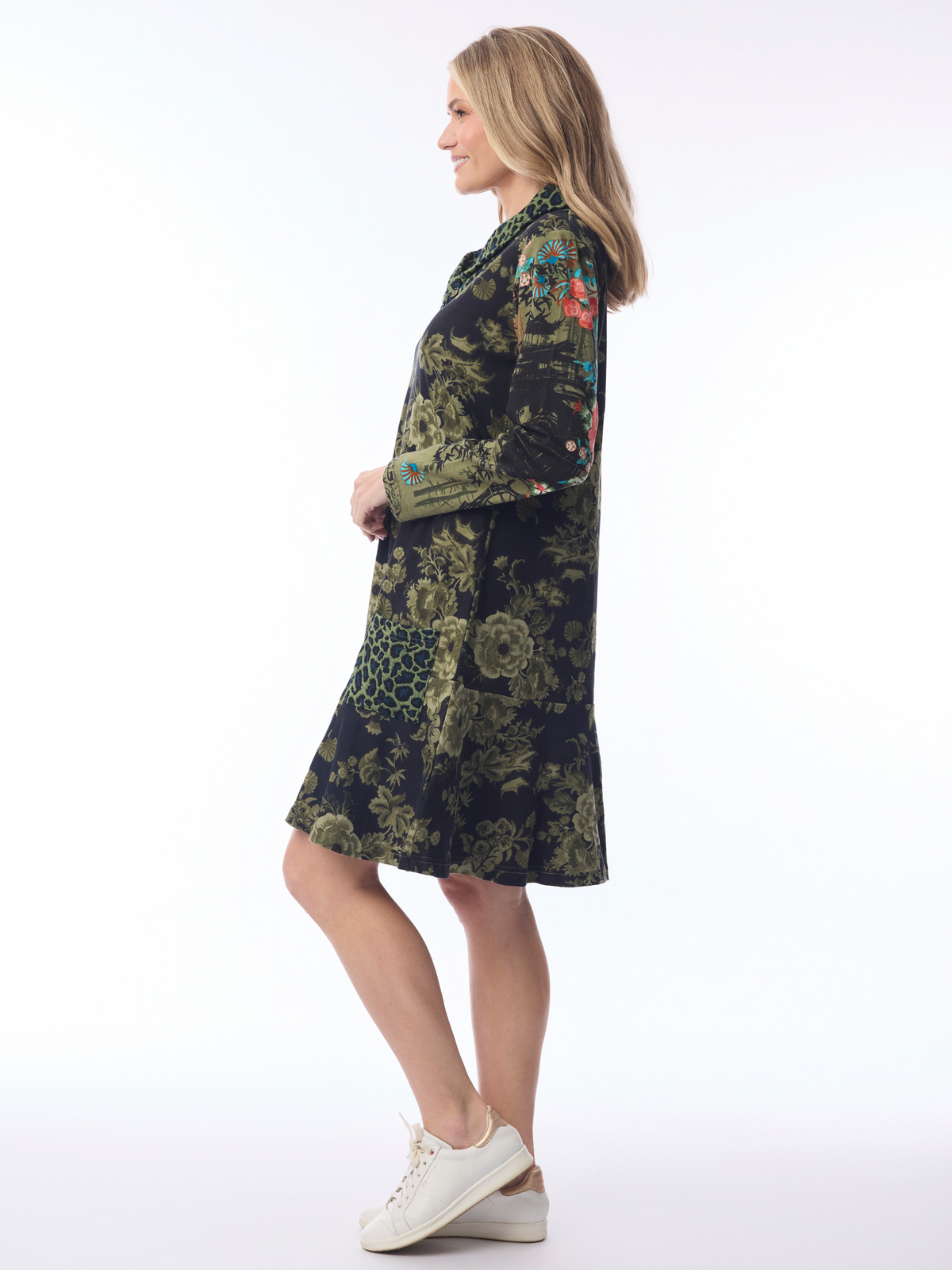 Orientique 62809 Keqioa Cowl Neck Tunic with cowl neckline, long sleeves, mixed print and flared hem