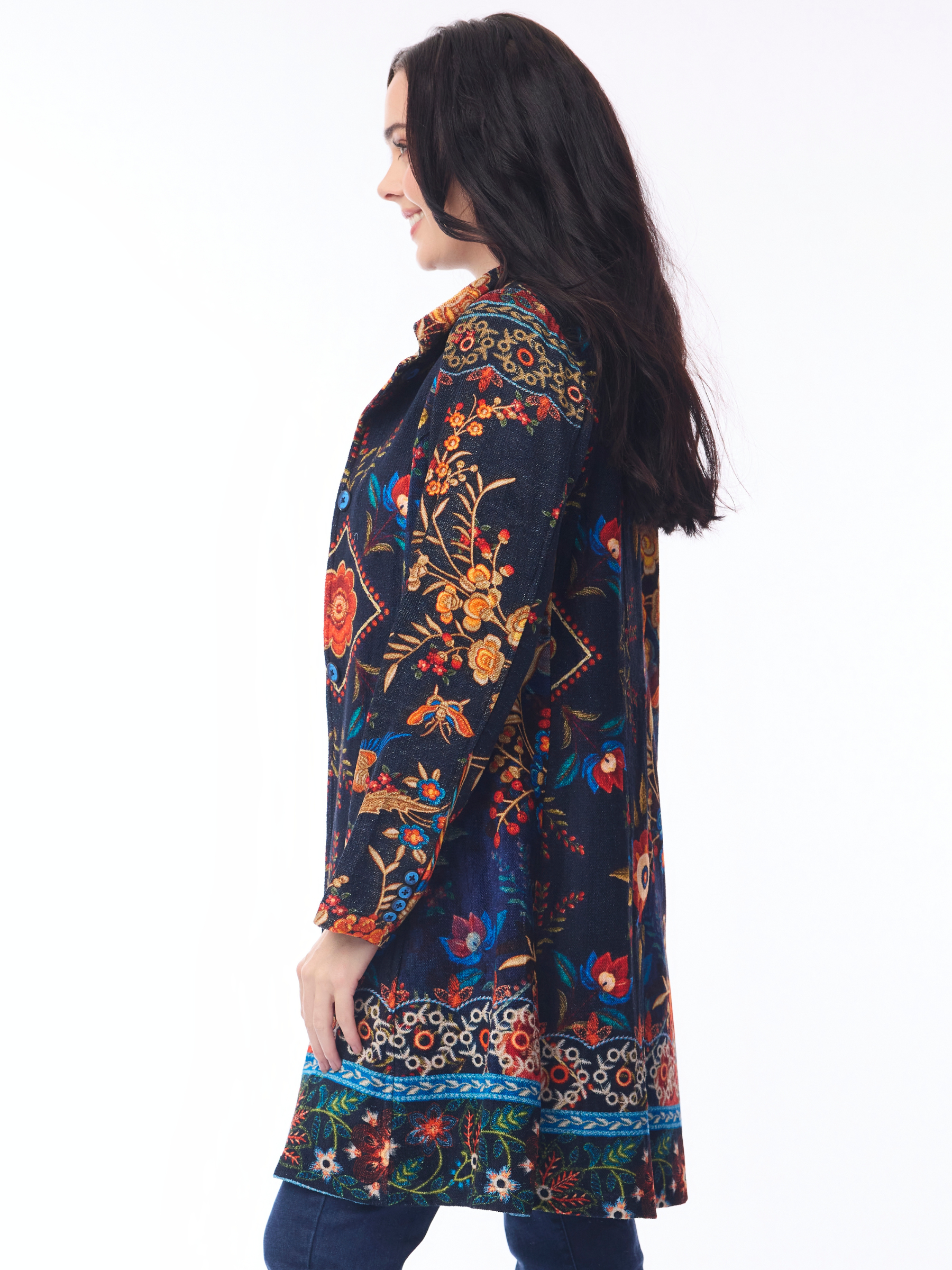 Orientique 62812 Digital Mid Length Coat with open front, long sleeves, relaxed fit and statement print