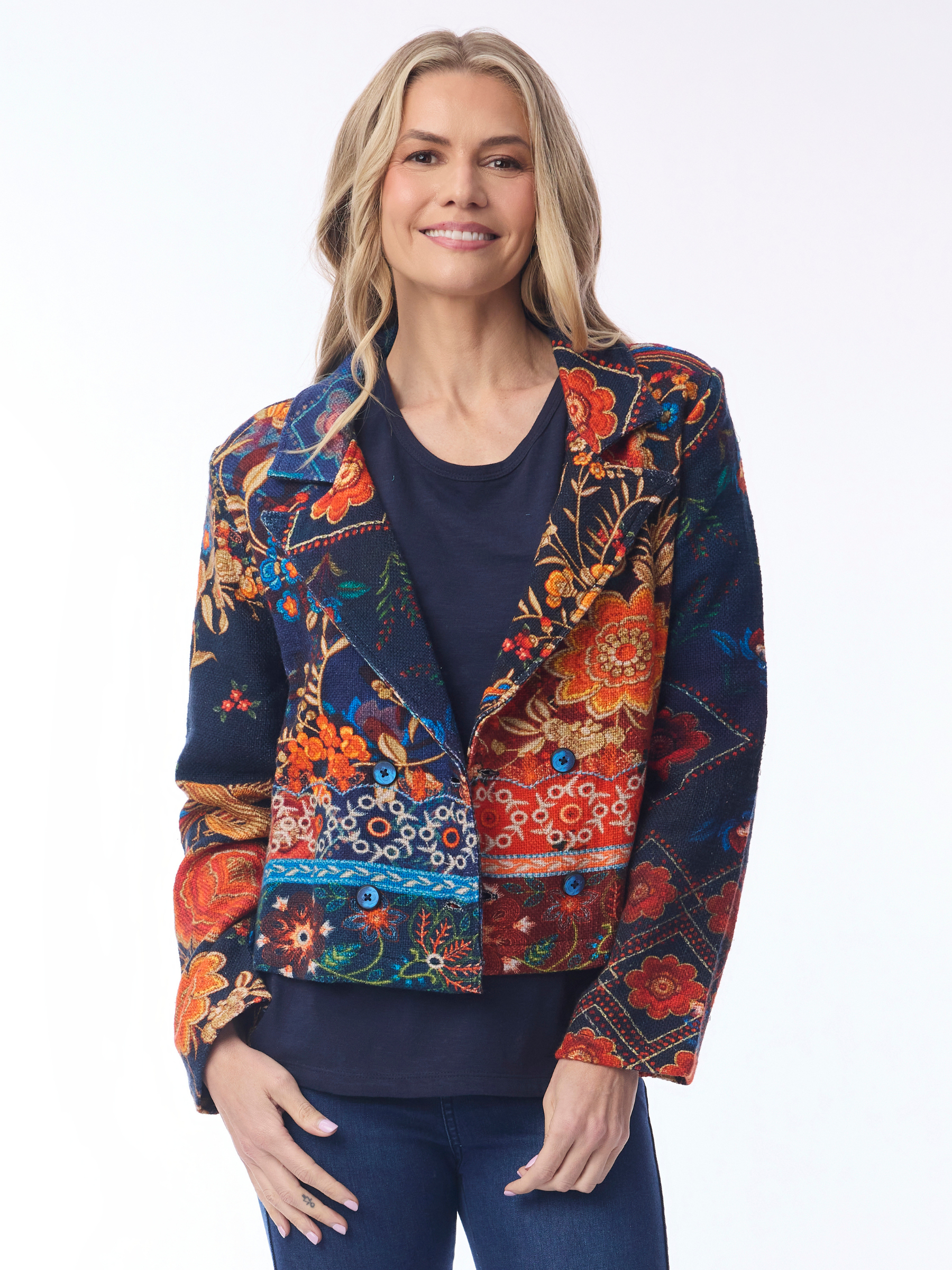Orientique 62813 Digital Cropped Jacket with collared neckline, button front, long sleeves and statement print