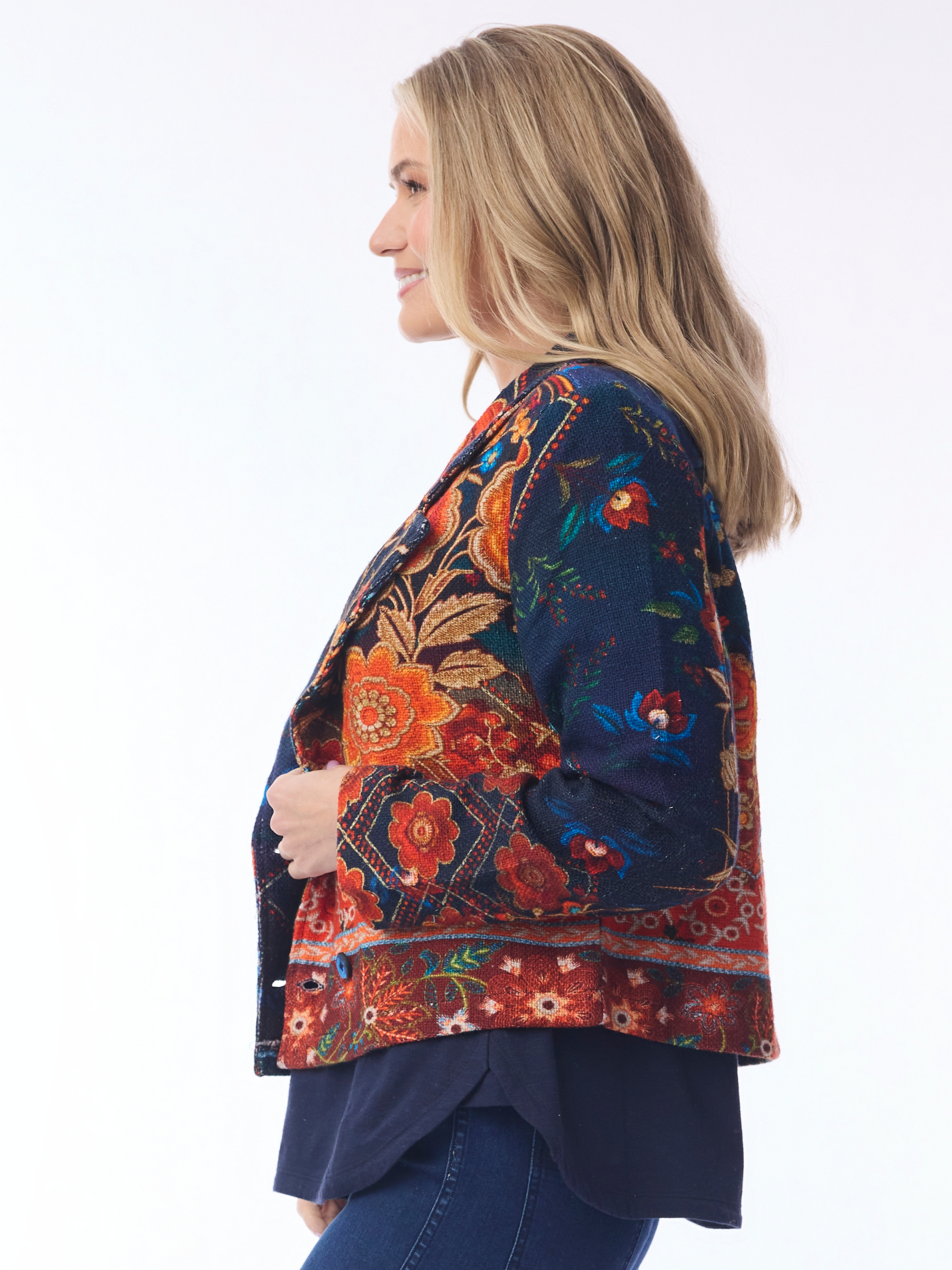 Orientique 62813 Digital Cropped Jacket with collared neckline, button front, long sleeves and statement print