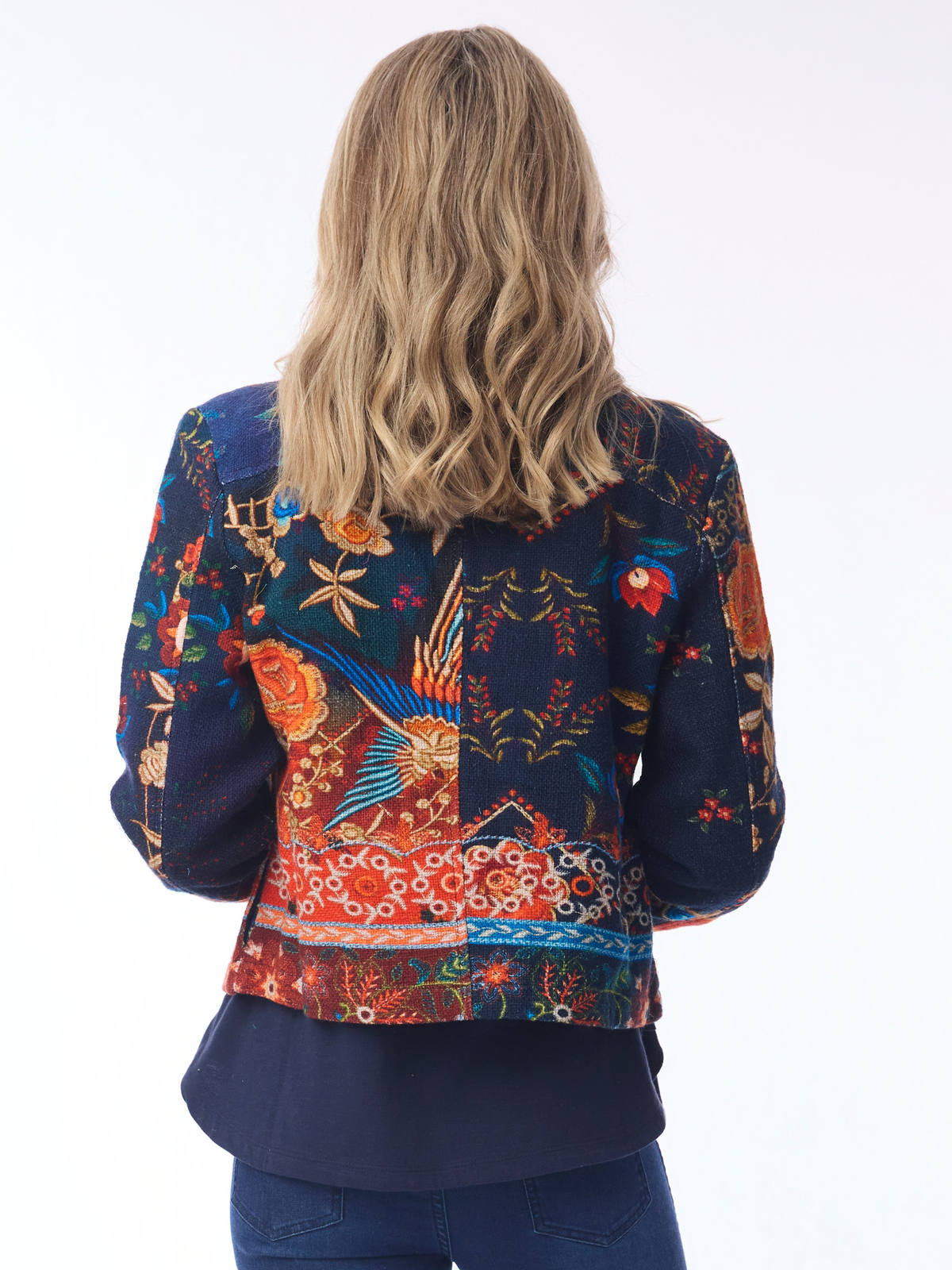 Orientique 62813 Digital Cropped Jacket with collared neckline, button front, long sleeves and statement print
