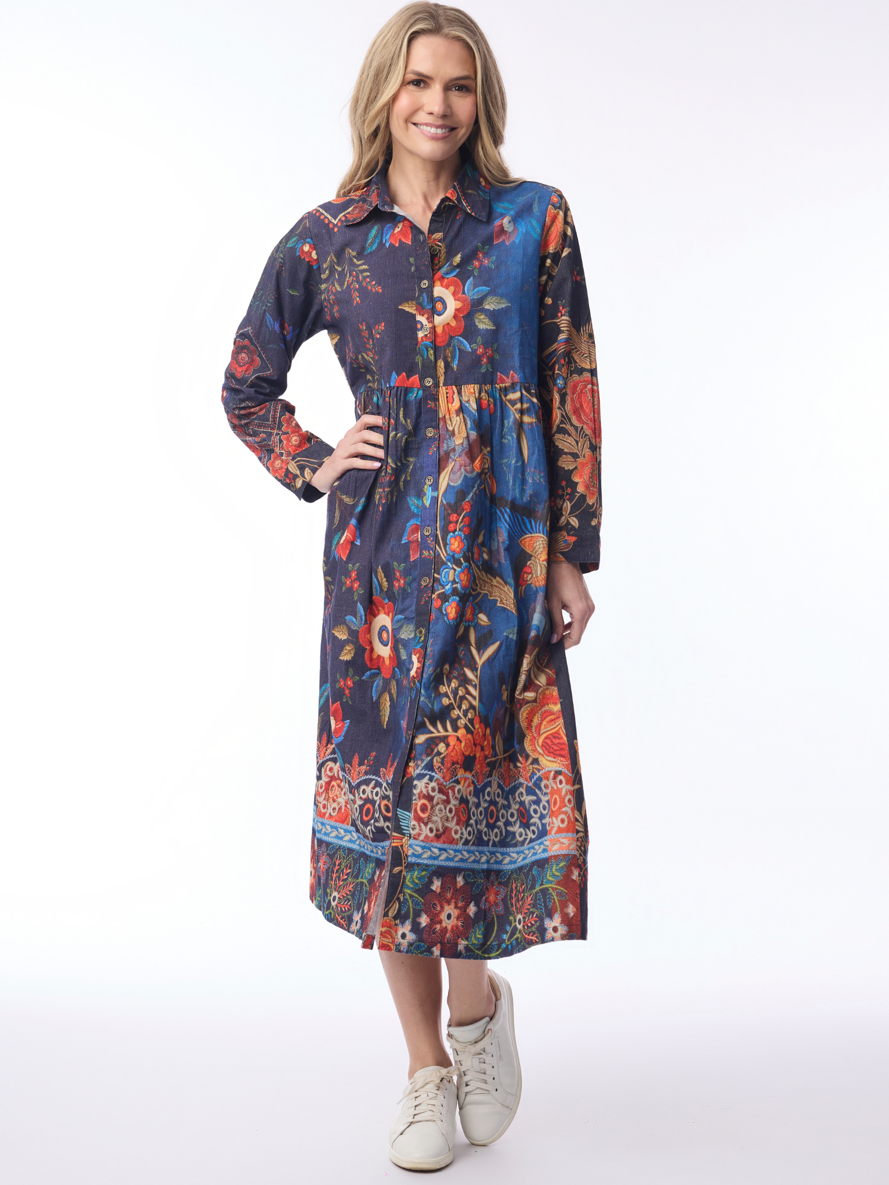 Orientique 71605 Digital Button Through Dress with collared neckline, long sleeves and flowing skirt