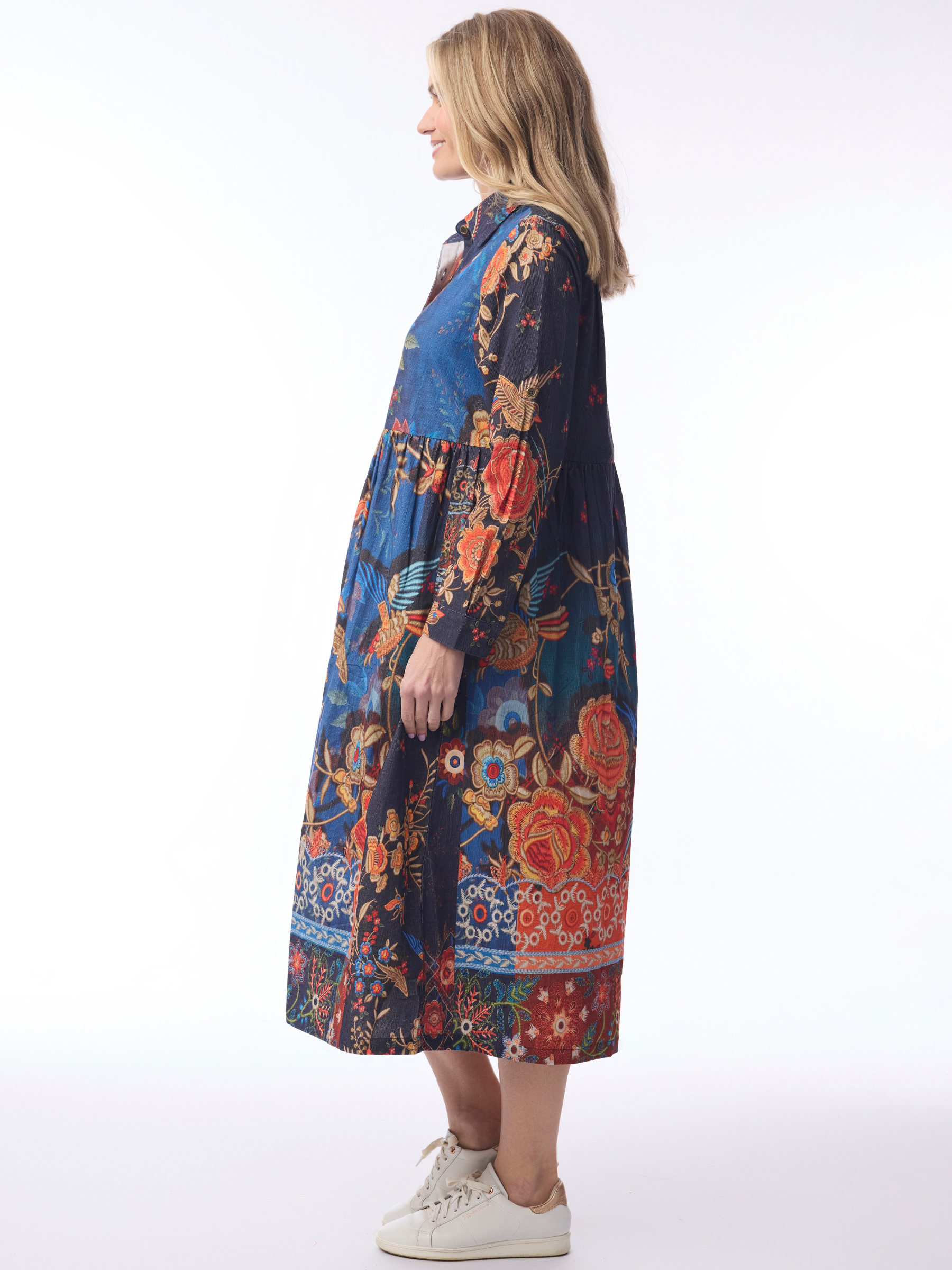 Orientique 71605 Digital Button Through Dress with collared neckline, long sleeves and flowing skirt