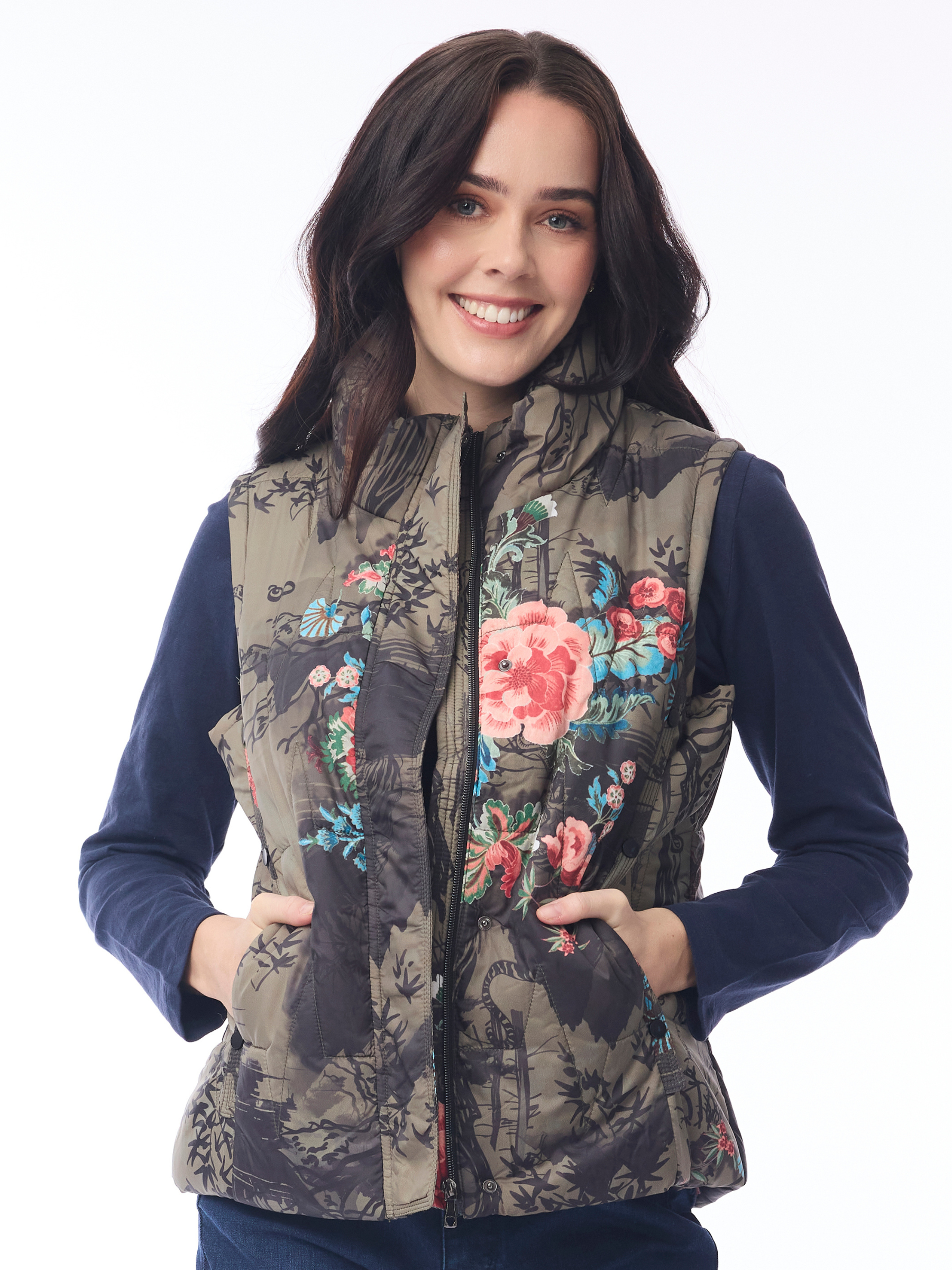 Orientique 82237 Puffer Vest with high neckline, zip front, side pockets and statement print