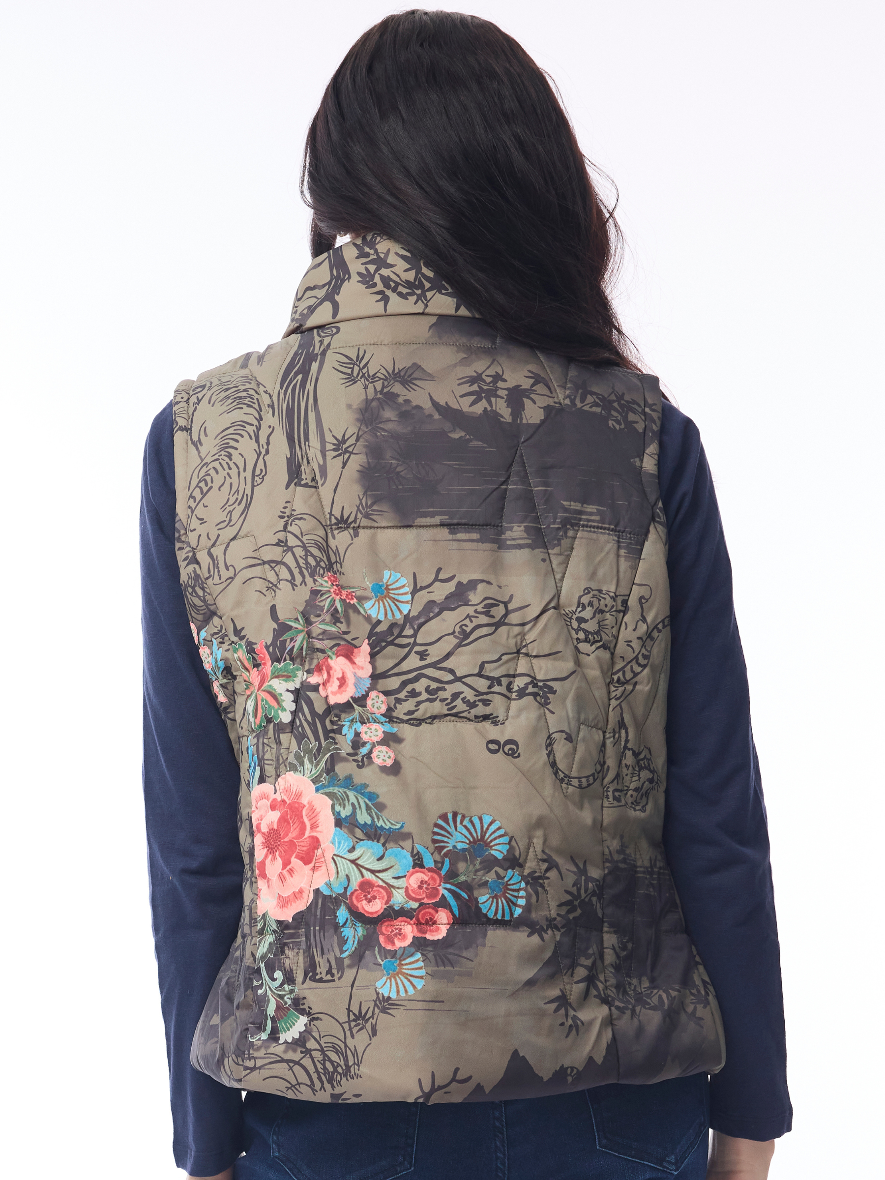 Orientique 82237 Puffer Vest with high neckline, zip front, side pockets and statement print