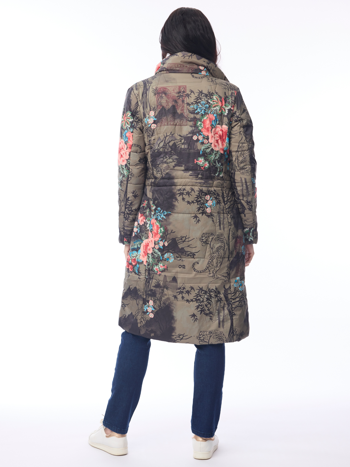 Orientique 82239 Puffer Coat with hood, zip front, side pockets, longline shape and statement print