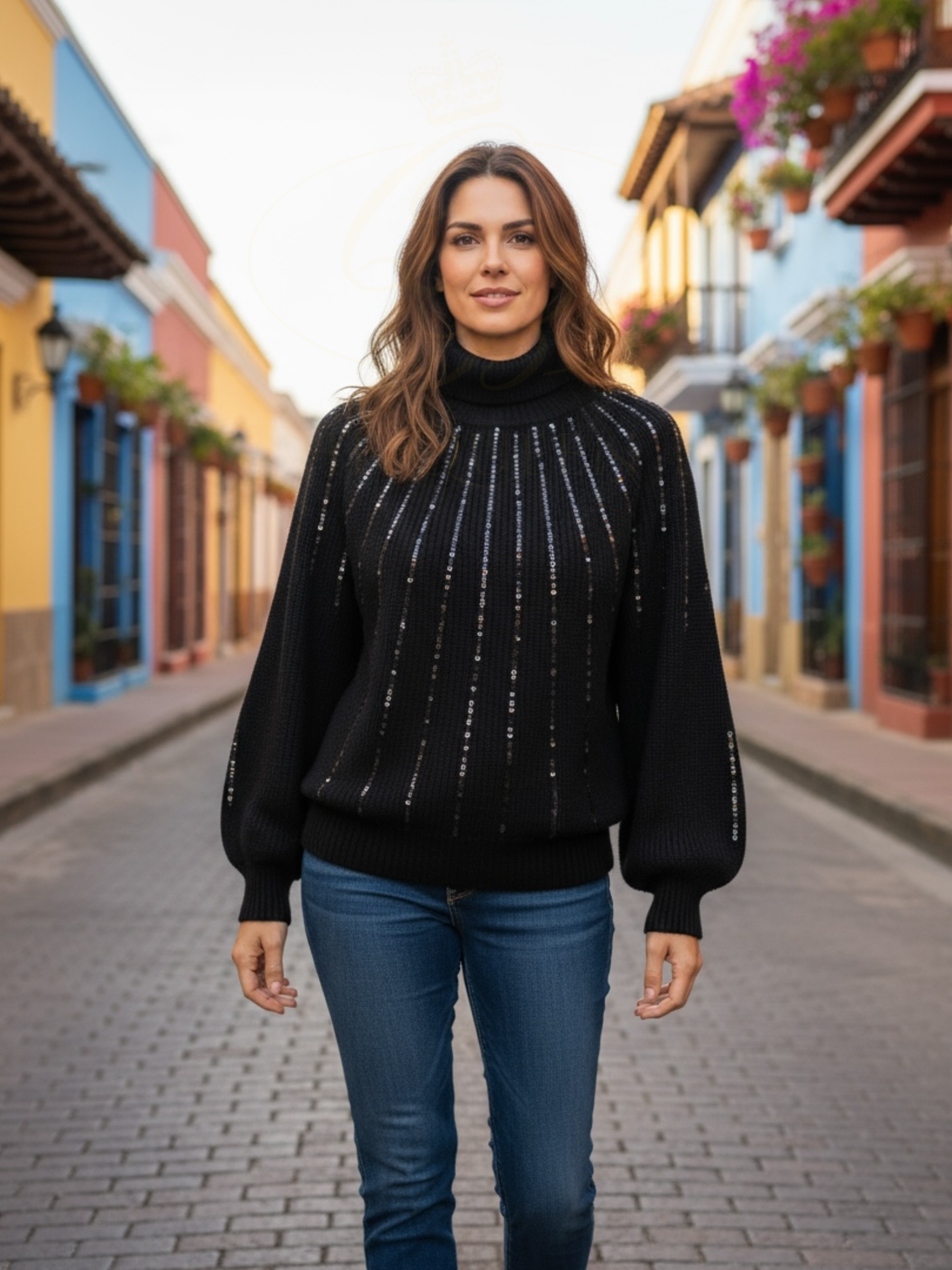 PARAMOUR Sequin Polo 8061 – elegant knitted jumper with vertical sequin detailing and a high ribbed neckline, perfect for chic day-to-night styling.