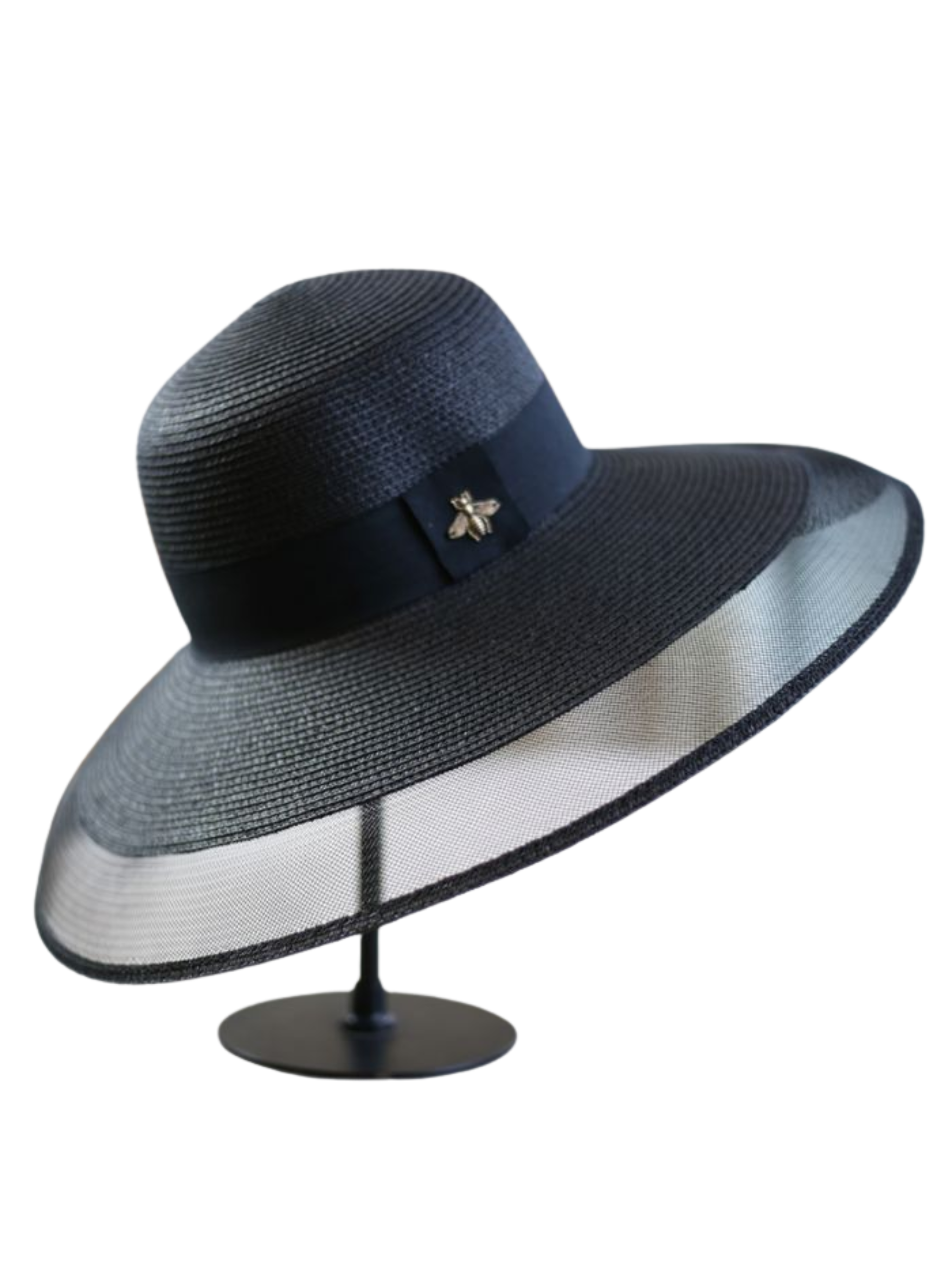 PCHA WA161 Audrey Hat with wide brim, mesh edging and gold bee detail - an elegant Audrey Hepburn–inspired occasion hat available in white and black.