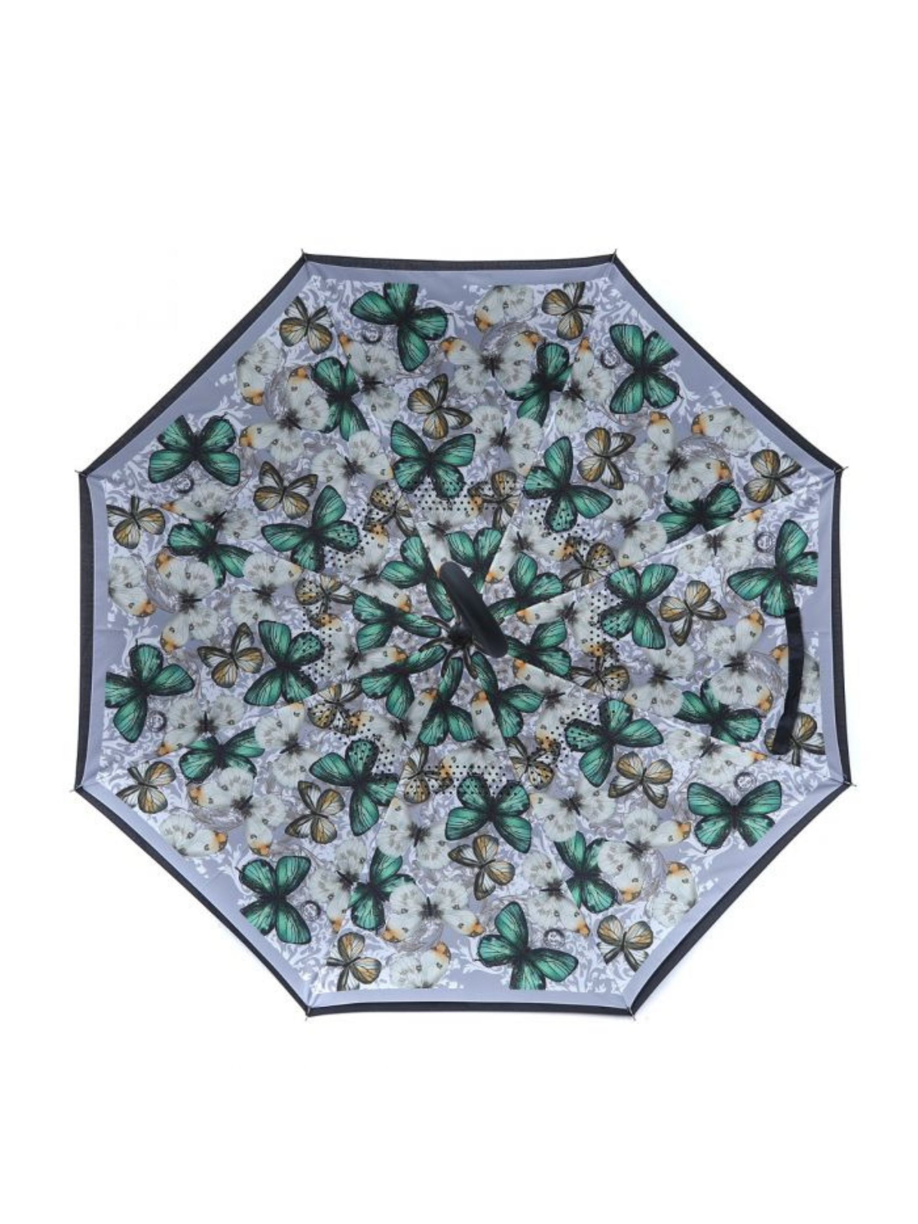 PCHA Reversible Umbrella with reverse-fold design, shown in Vintage Rose Garden, Leopard Print, Symphony Floral and Butterfly patterns - a stylish and practical rainy-day accessory