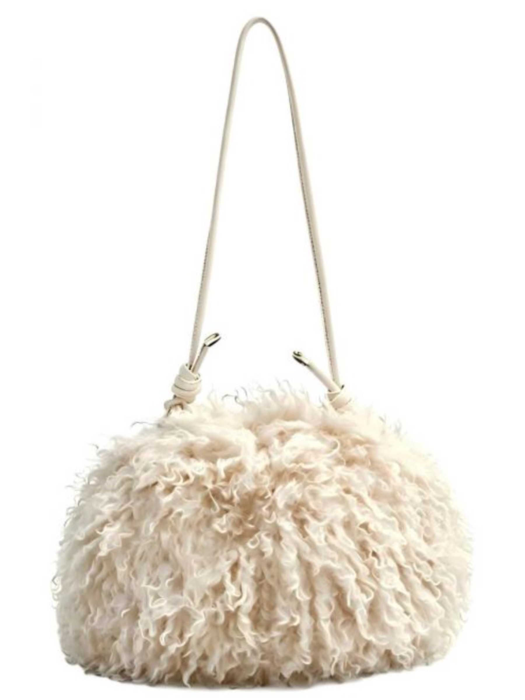 PCHA 60385 Curly Faux Fur Shoulder Bag in a soft neutral shade with a rounded silhouette, curly faux fur texture and slim shoulder strap.