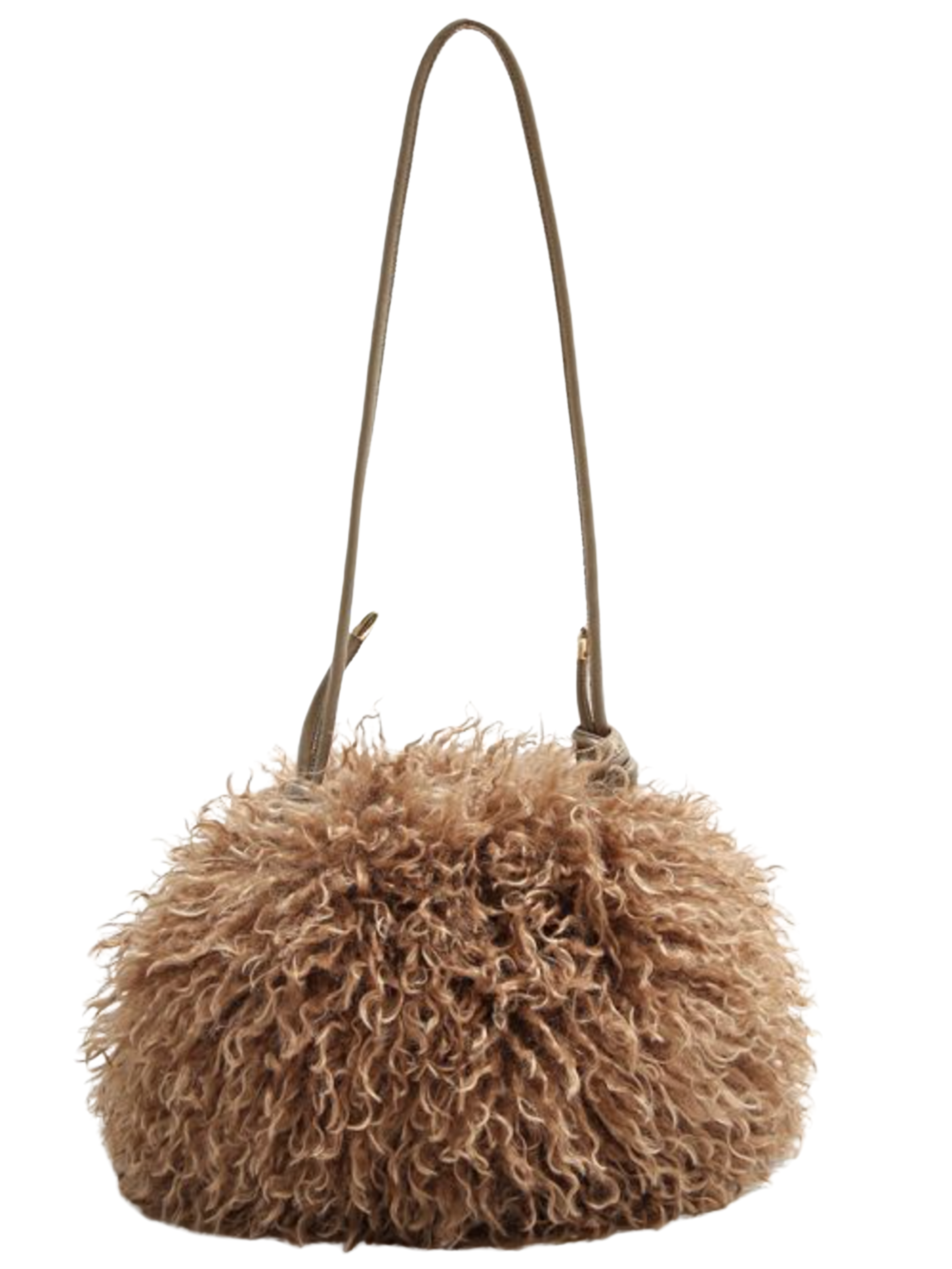 PCHA 60385 Curly Faux Fur Shoulder Bag in a soft neutral shade with a rounded silhouette, curly faux fur texture and slim shoulder strap.