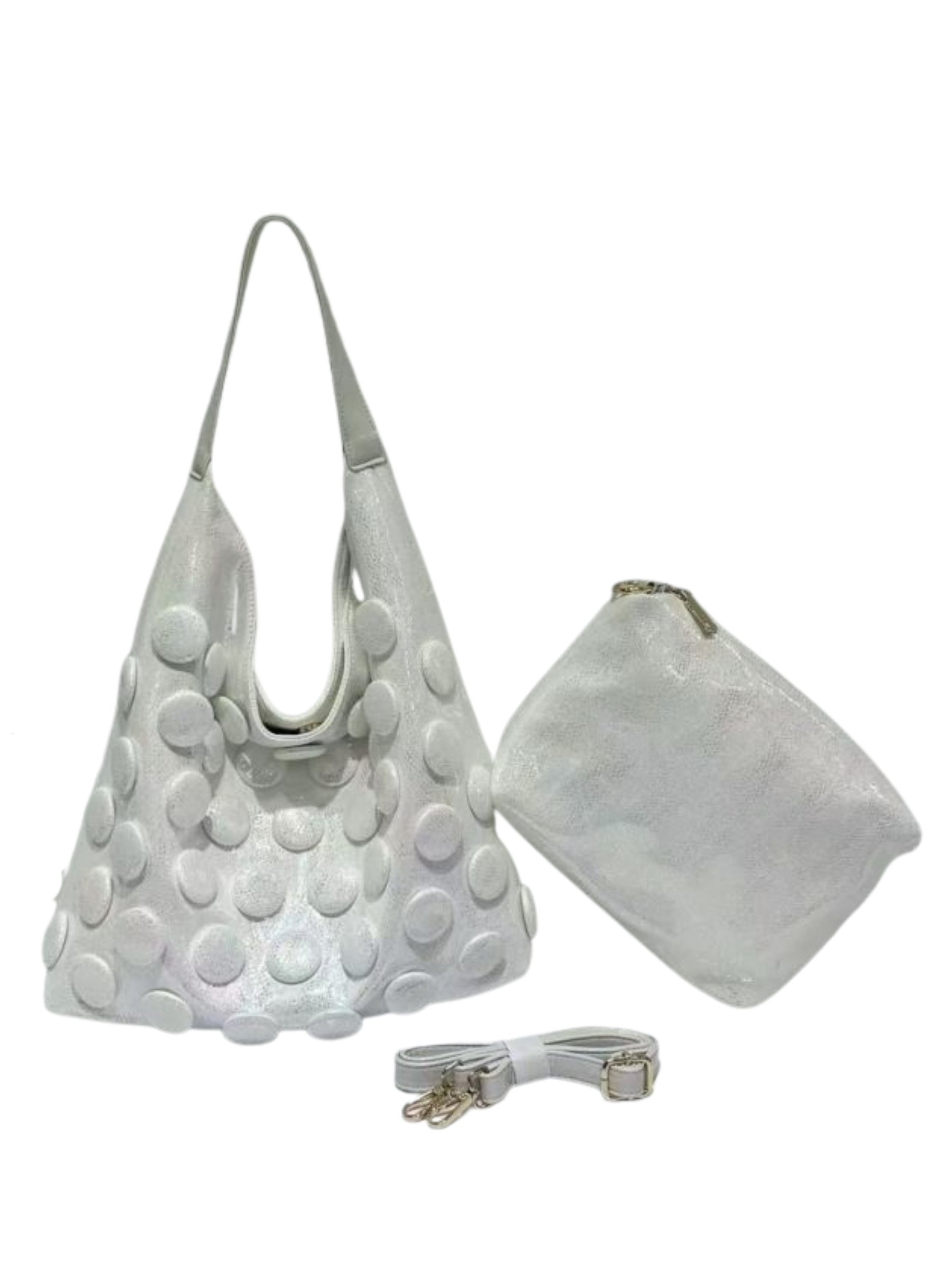 PCHA 60554 slouchy hobo handbag with raised 3D dot detailing, matching zip pouch and detachable strap.
