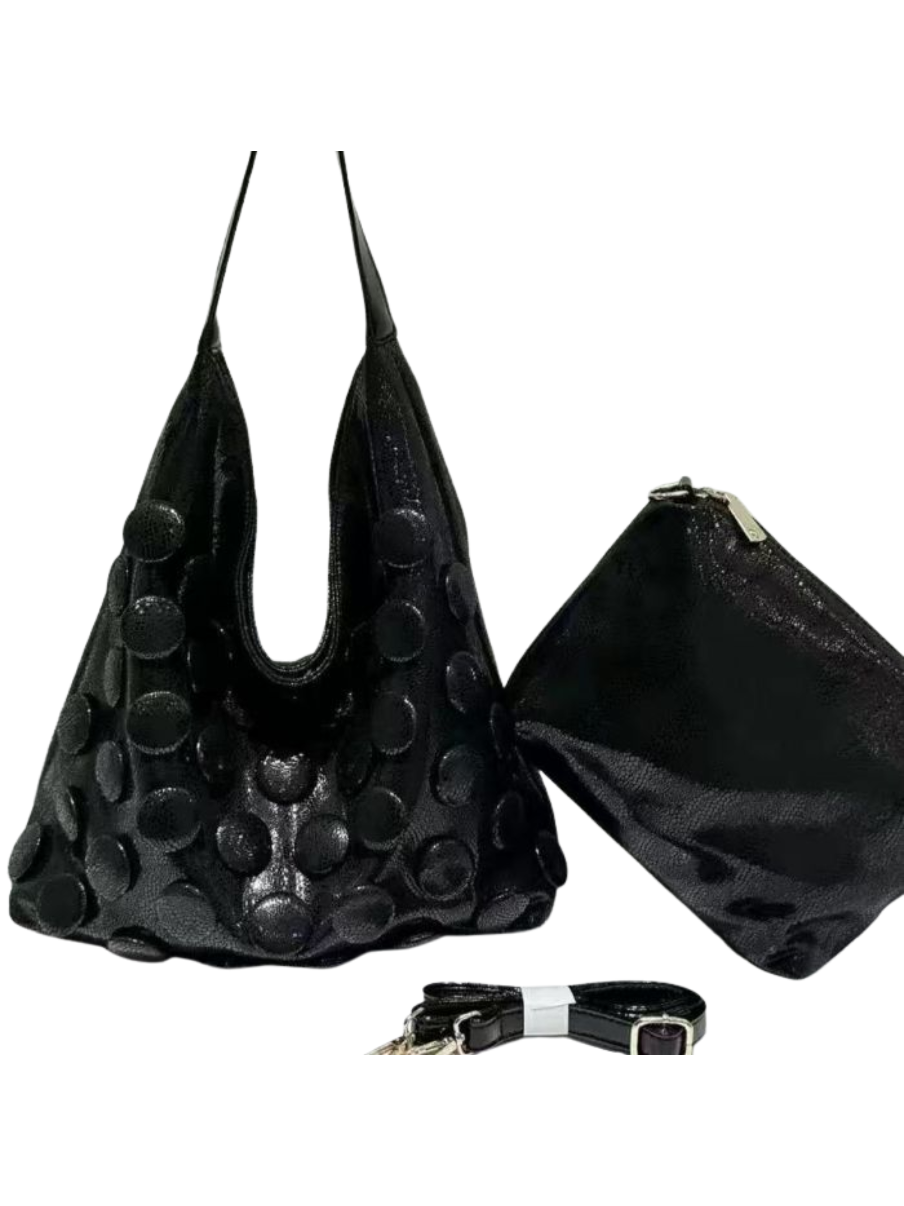 PCHA 60554 slouchy hobo handbag with raised 3D dot detailing, matching zip pouch and detachable strap.