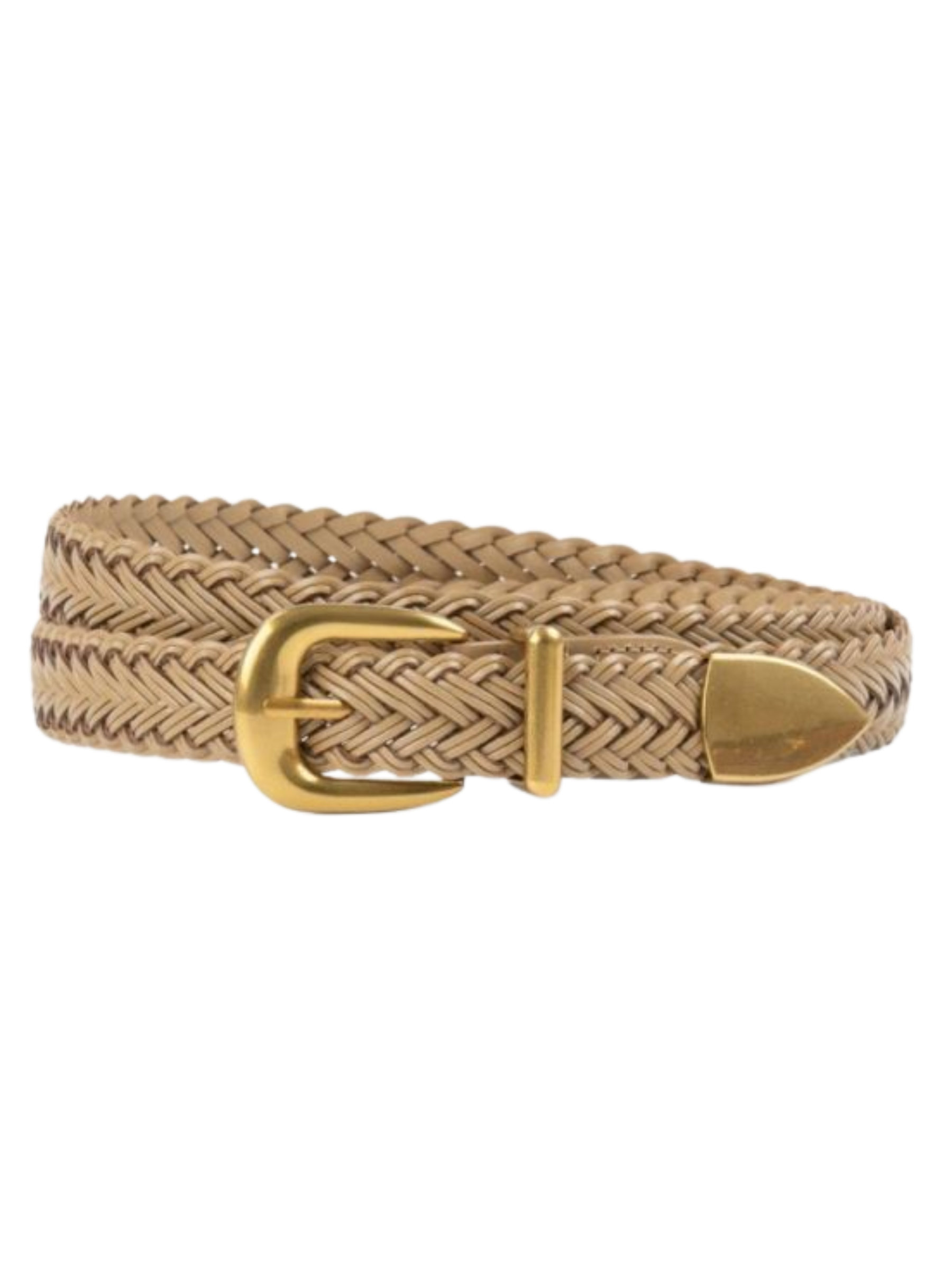 PCHA BEL064 beige braided faux leather belt with solid brass buckle and woven design.