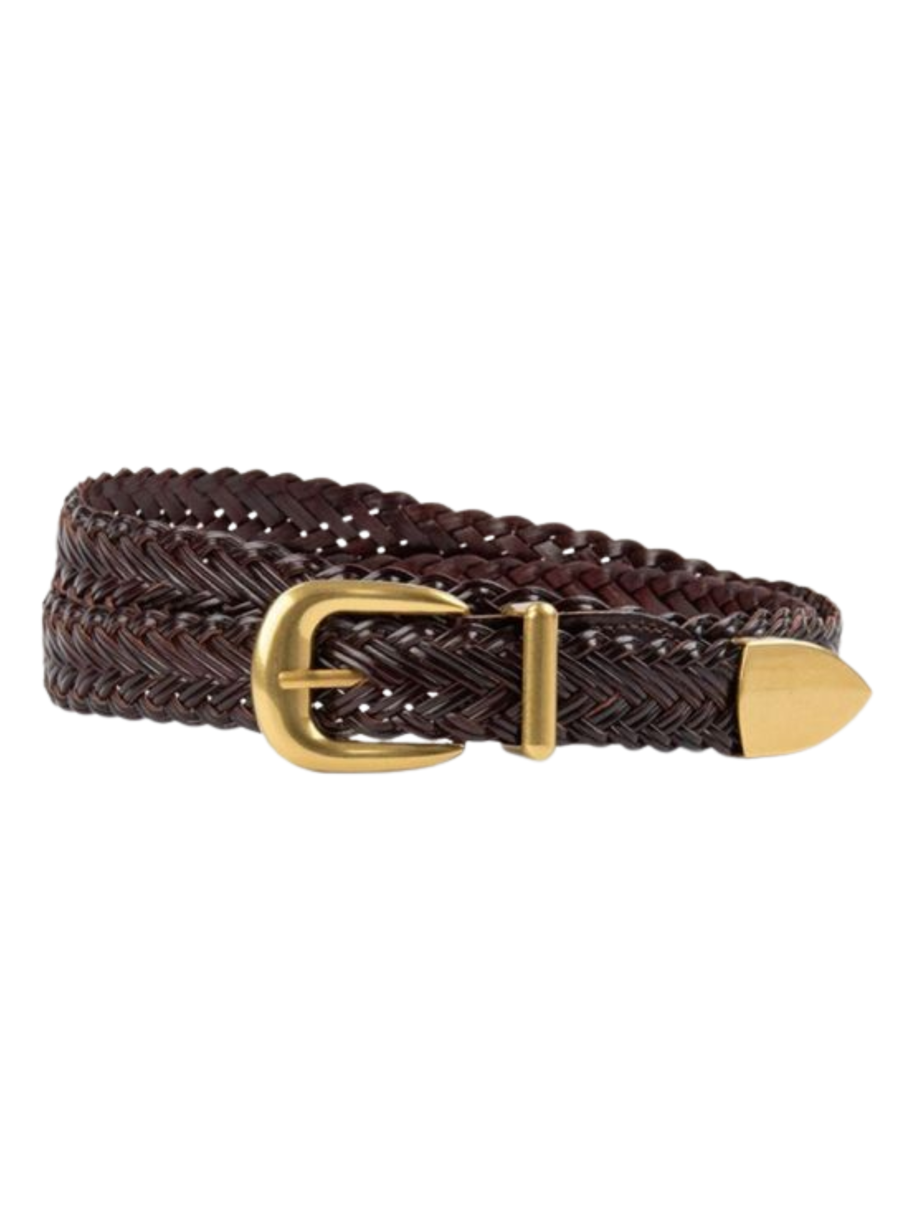 PCHA BEL064 chocolate braided faux leather belt with solid brass buckle and woven design.
