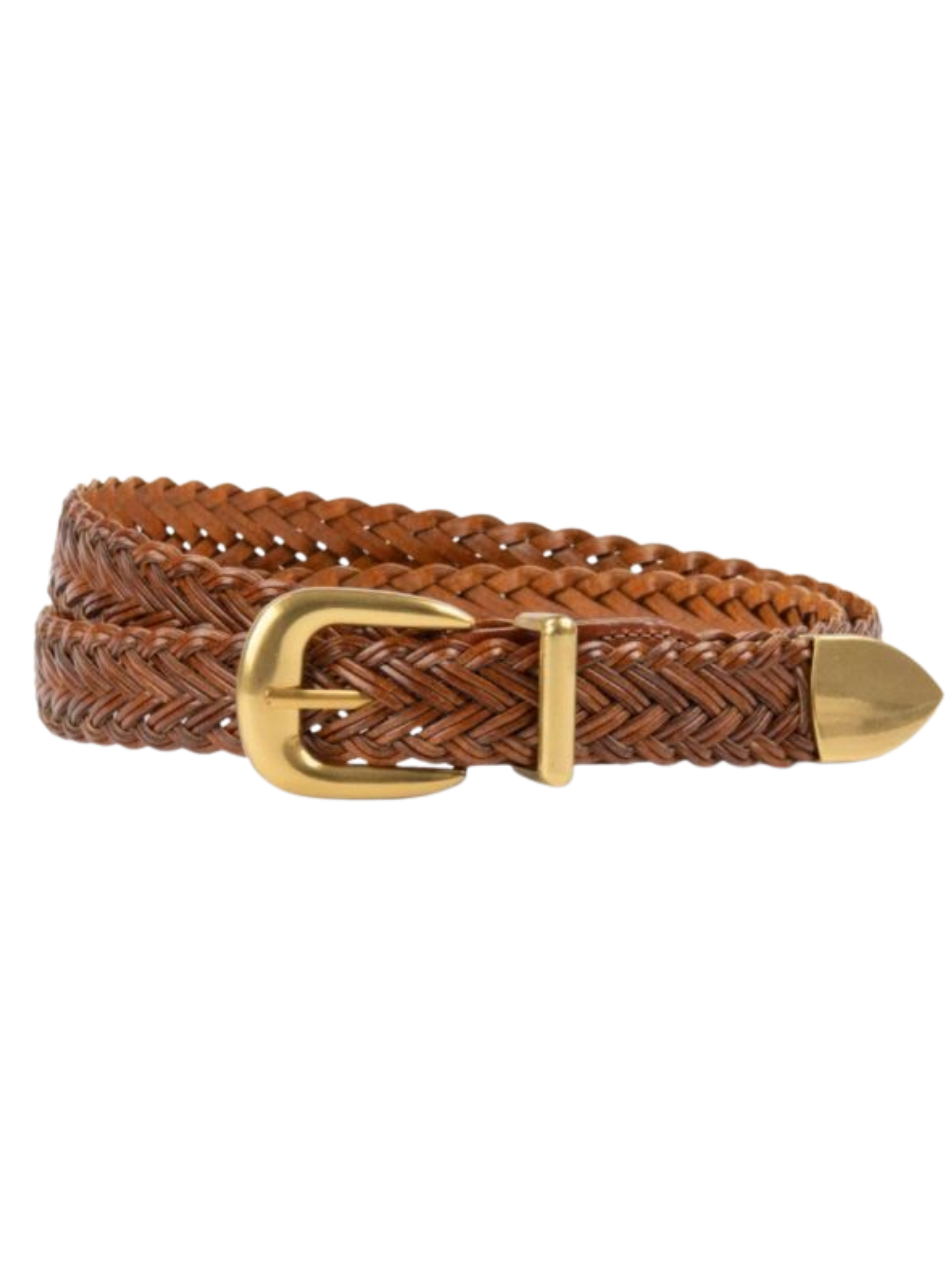 PCHA BEL064 tan braided faux leather belt with solid brass buckle and woven design.