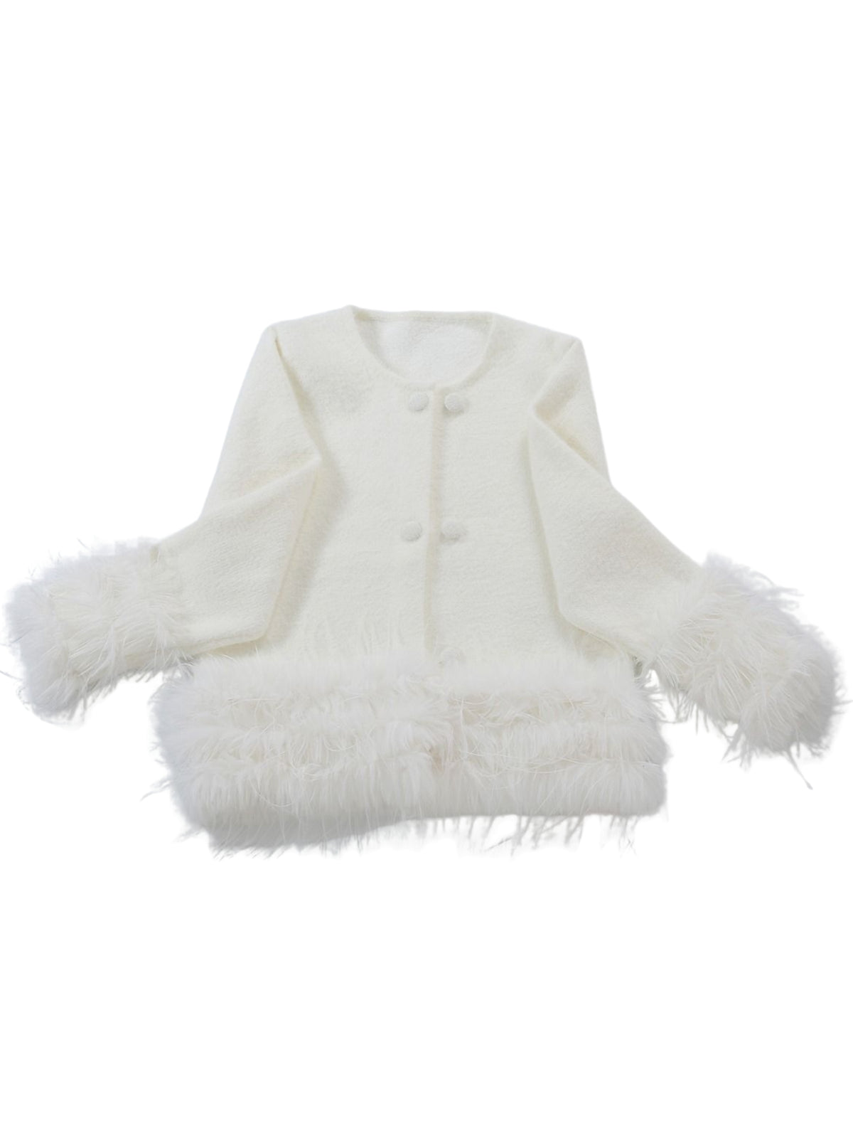 PCHA CA196 Feather Trim Cardigan with round neckline, button front and statement feather trim at the cuffs and hem.