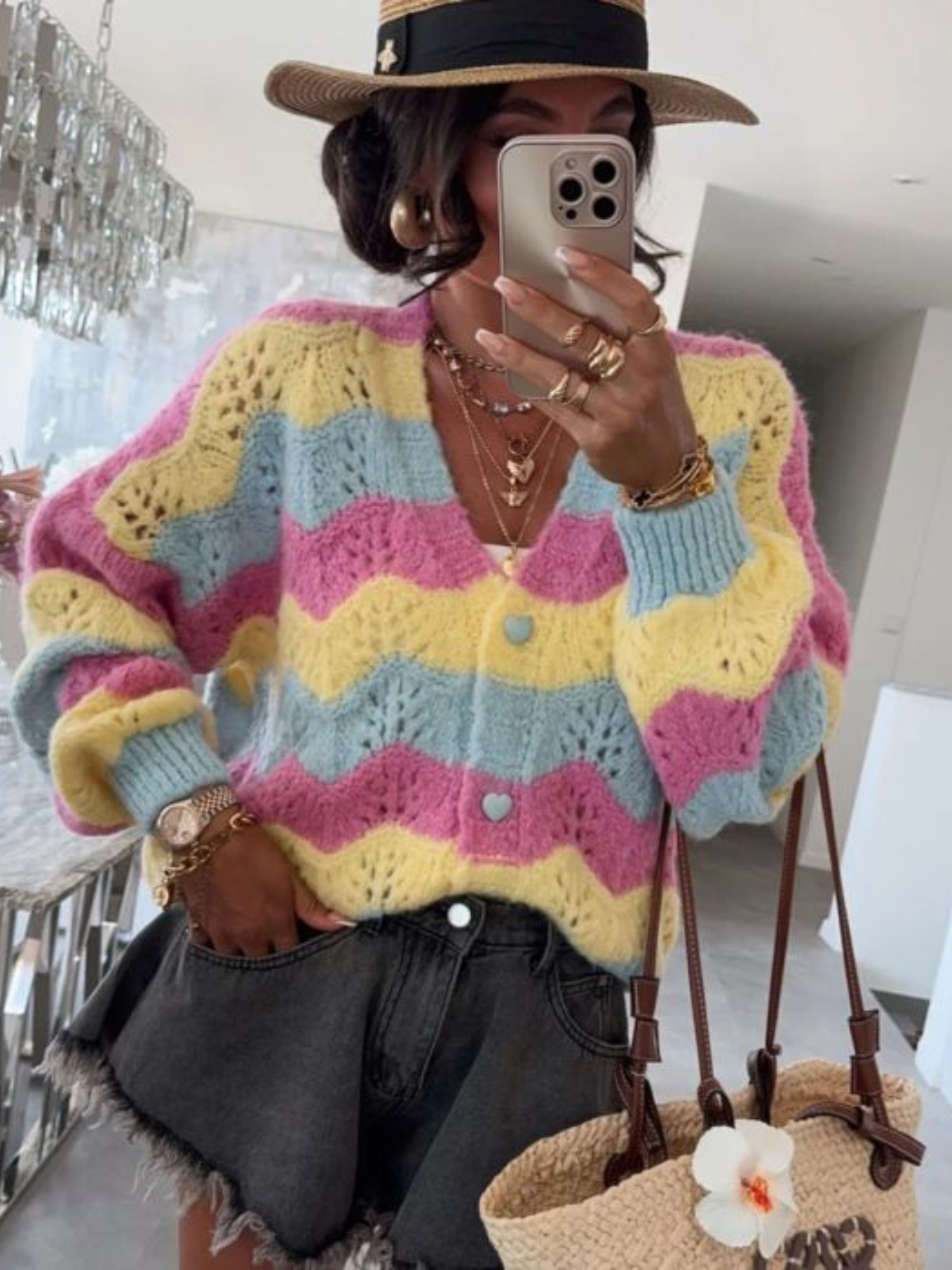 PCHA CA210 Pastel Colourblock Wavy Knit Cardigan with V-neck, heart buttons and wavy knit detail