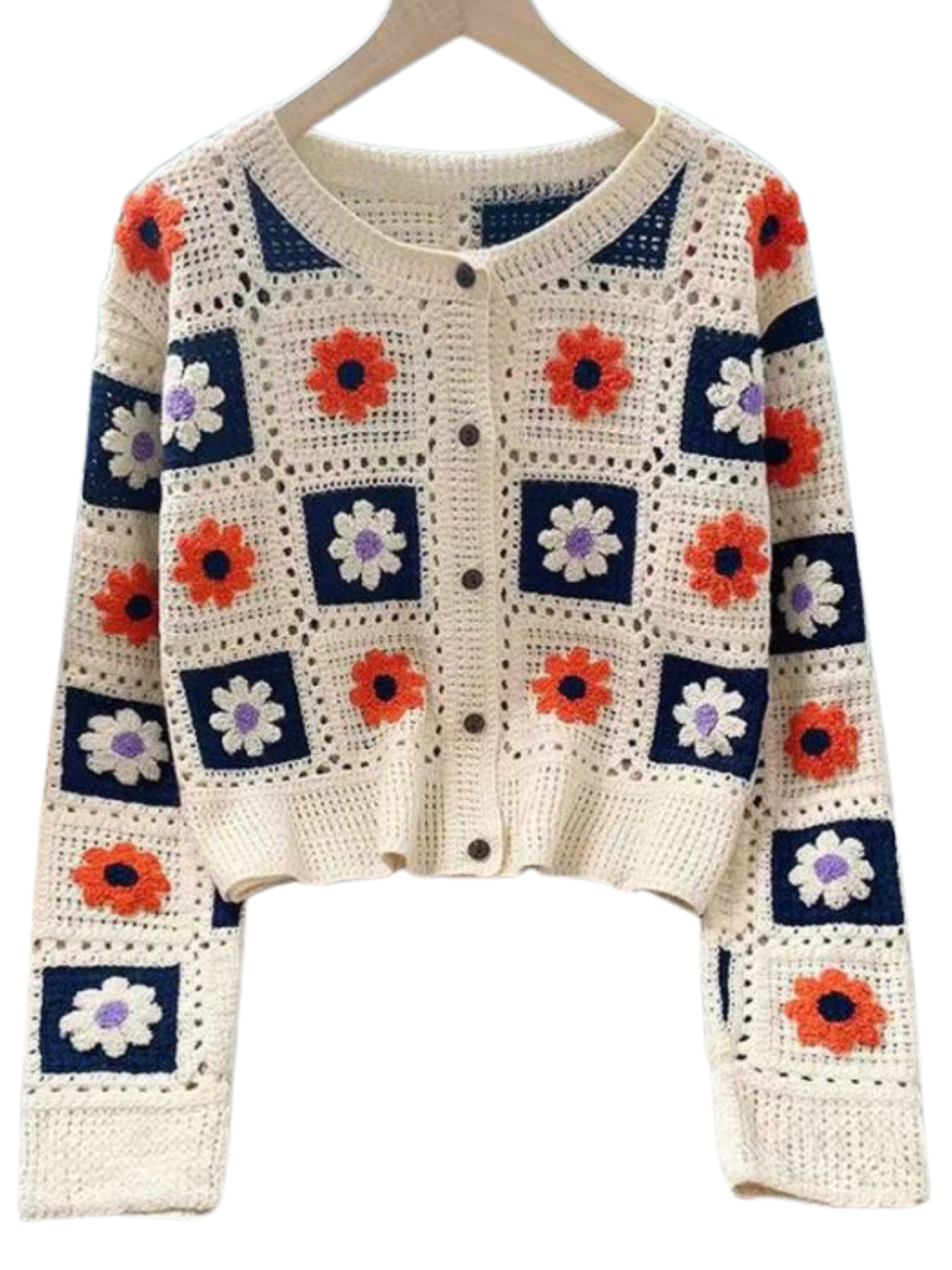 PCHA CA214 Crochet Daisy Knit Square Cardigan with button front, round neckline and daisy square pattern