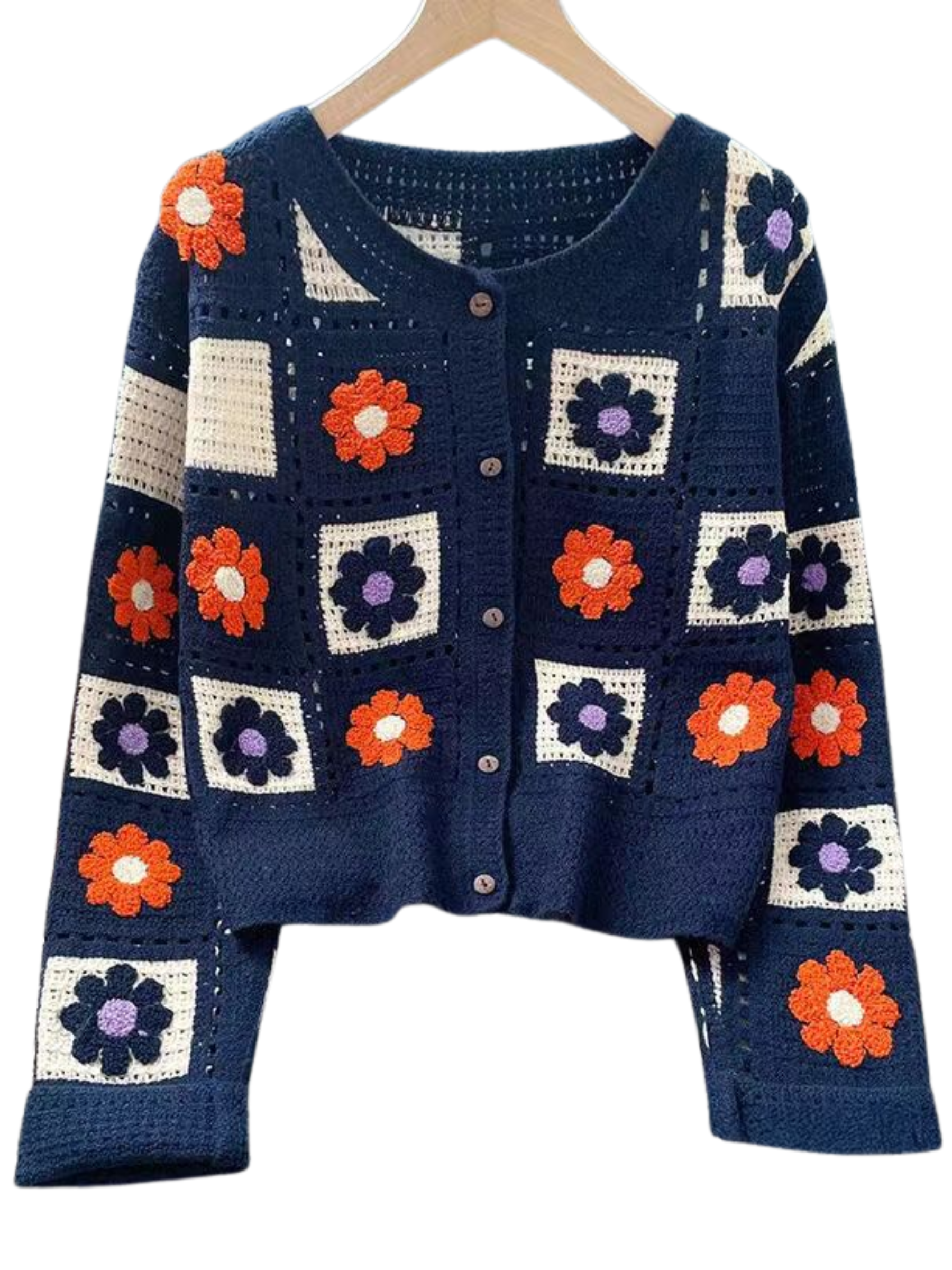 PCHA CA214 Crochet Daisy Knit Square Cardigan with button front, round neckline and daisy square pattern