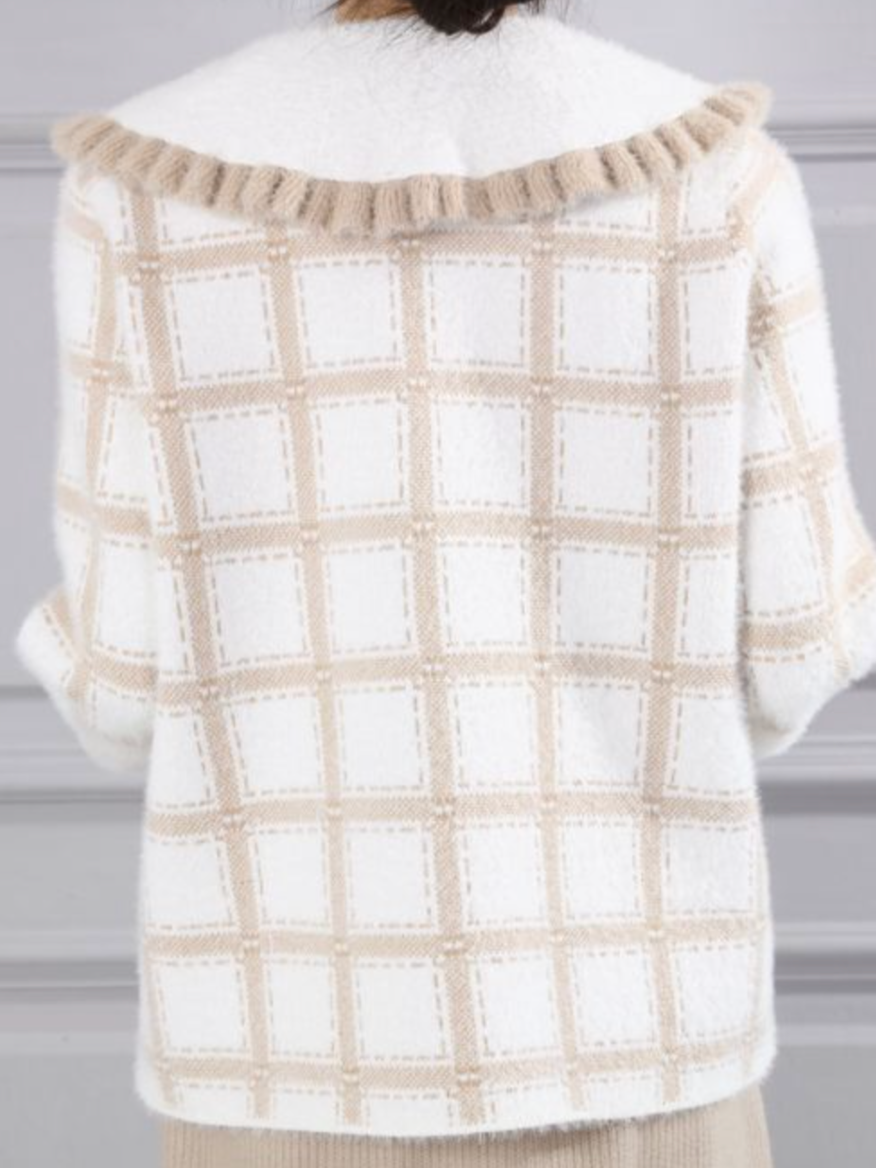PCHA CA216 Ruffle Collar Plaid Cardigan with plaid pattern, oversized ruffle-trim collar and button-front fastening.