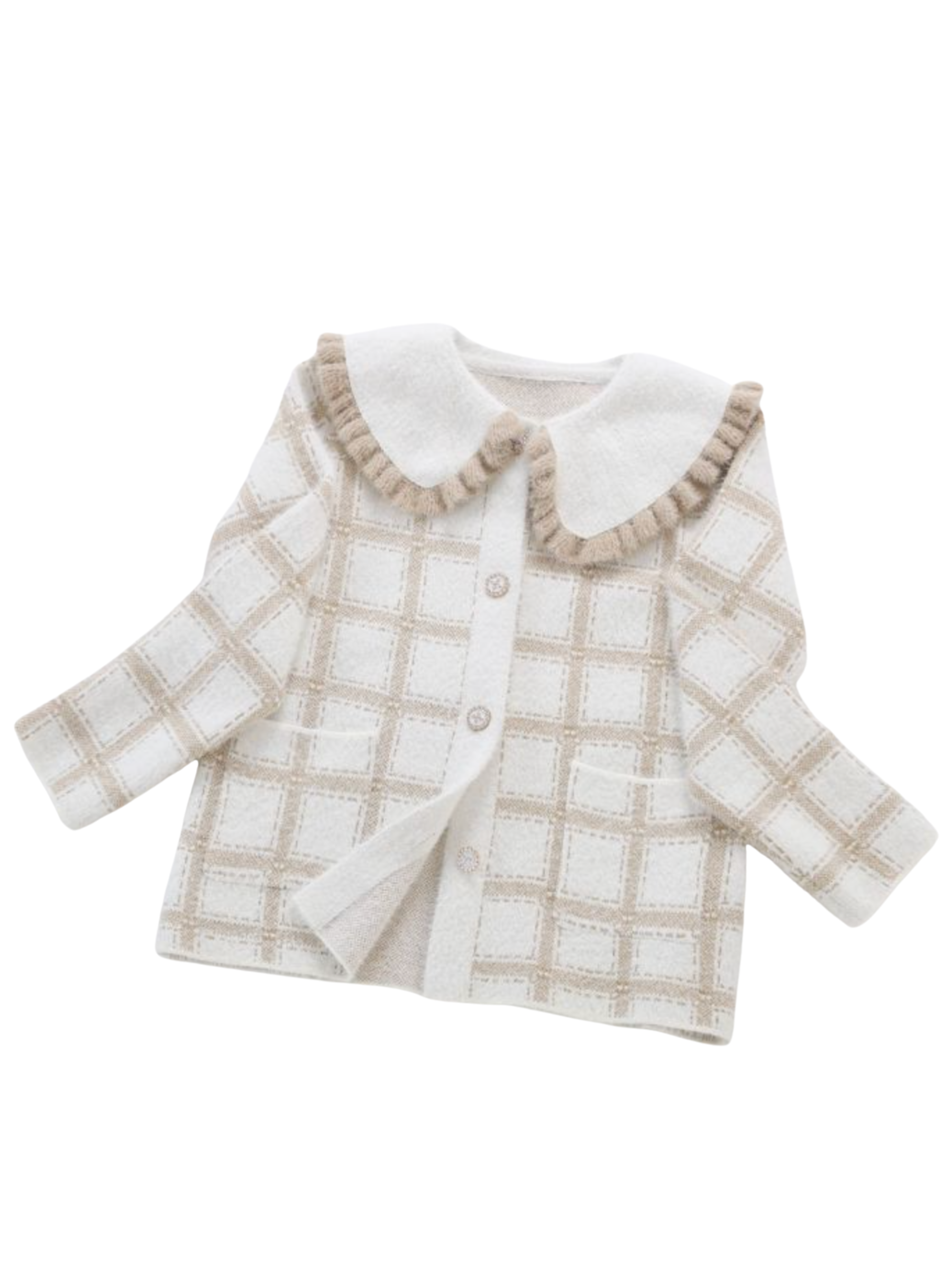 PCHA CA216 Ruffle Collar Plaid Cardigan with plaid pattern, oversized ruffle-trim collar and button-front fastening.