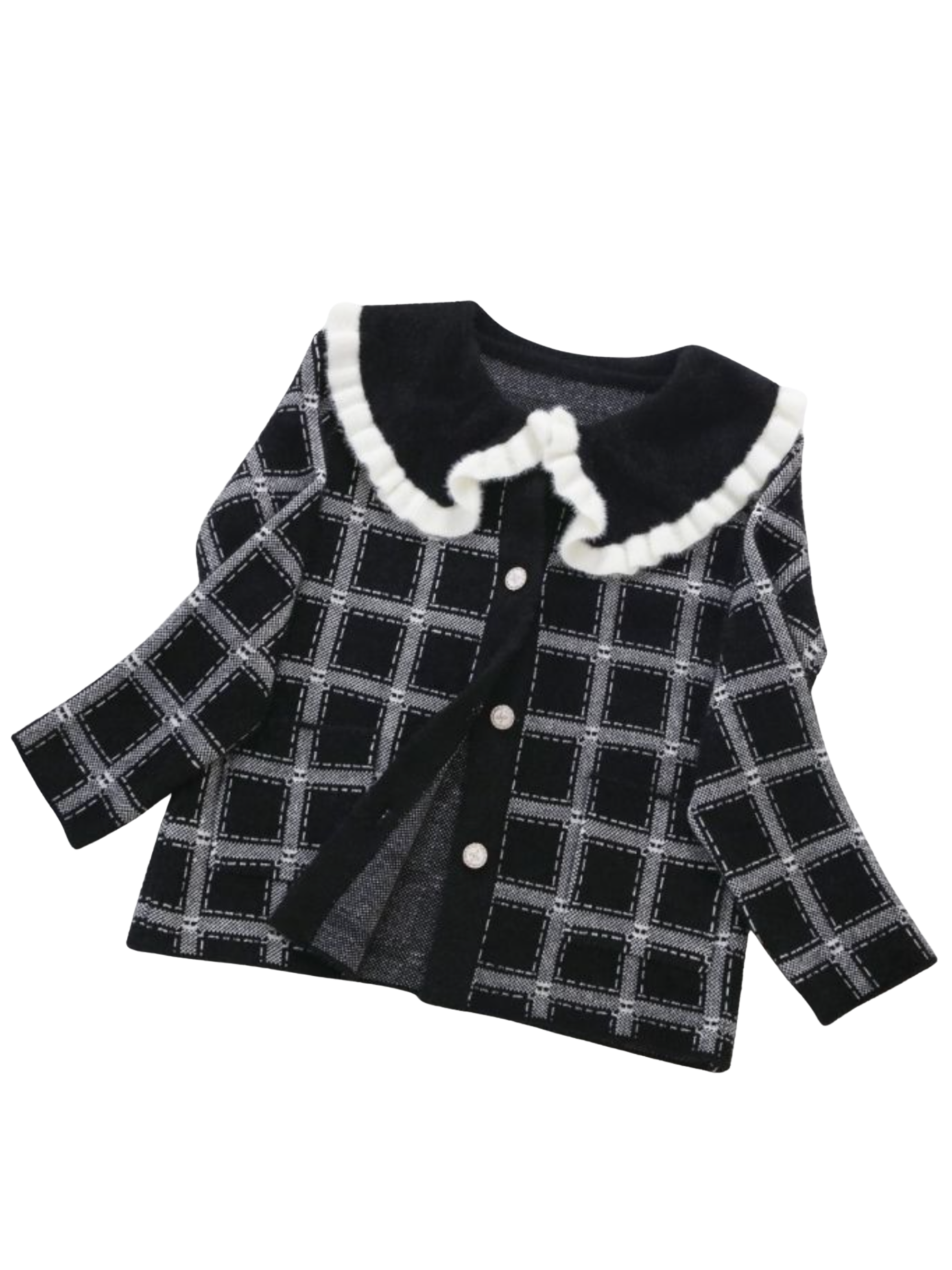 PCHA CA216 Ruffle Collar Plaid Cardigan with plaid pattern, oversized ruffle-trim collar and button-front fastening.