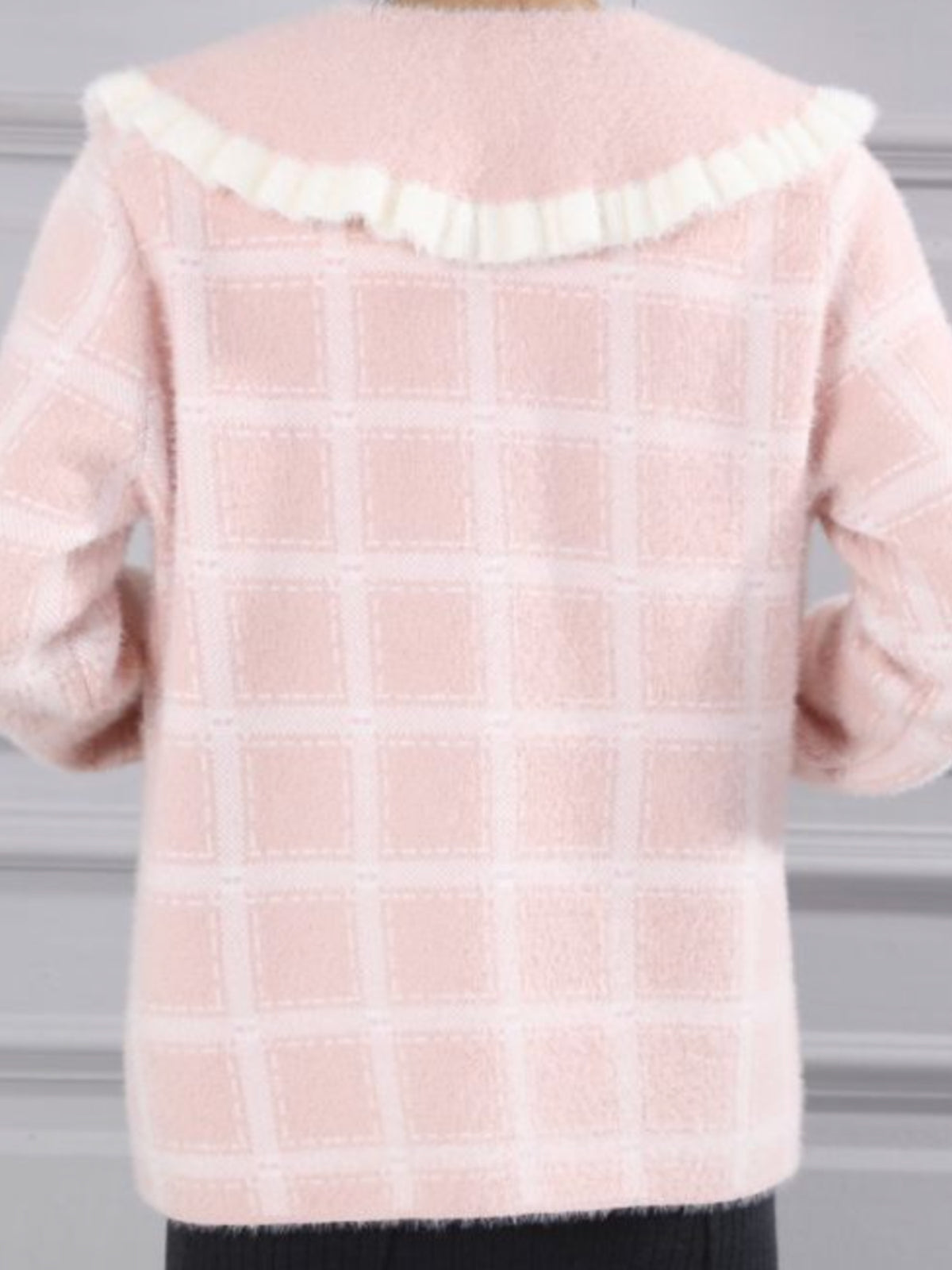 PCHA CA216 Ruffle Collar Plaid Cardigan with plaid pattern, oversized ruffle-trim collar and button-front fastening.