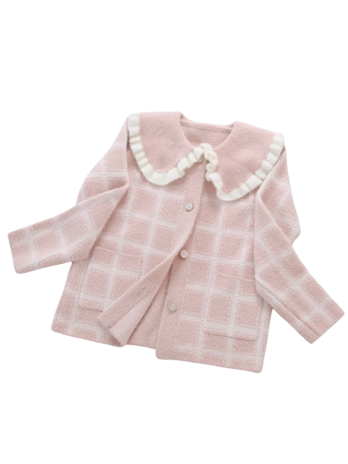 PCHA CA216 Ruffle Collar Plaid Cardigan with plaid pattern, oversized ruffle-trim collar and button-front fastening.