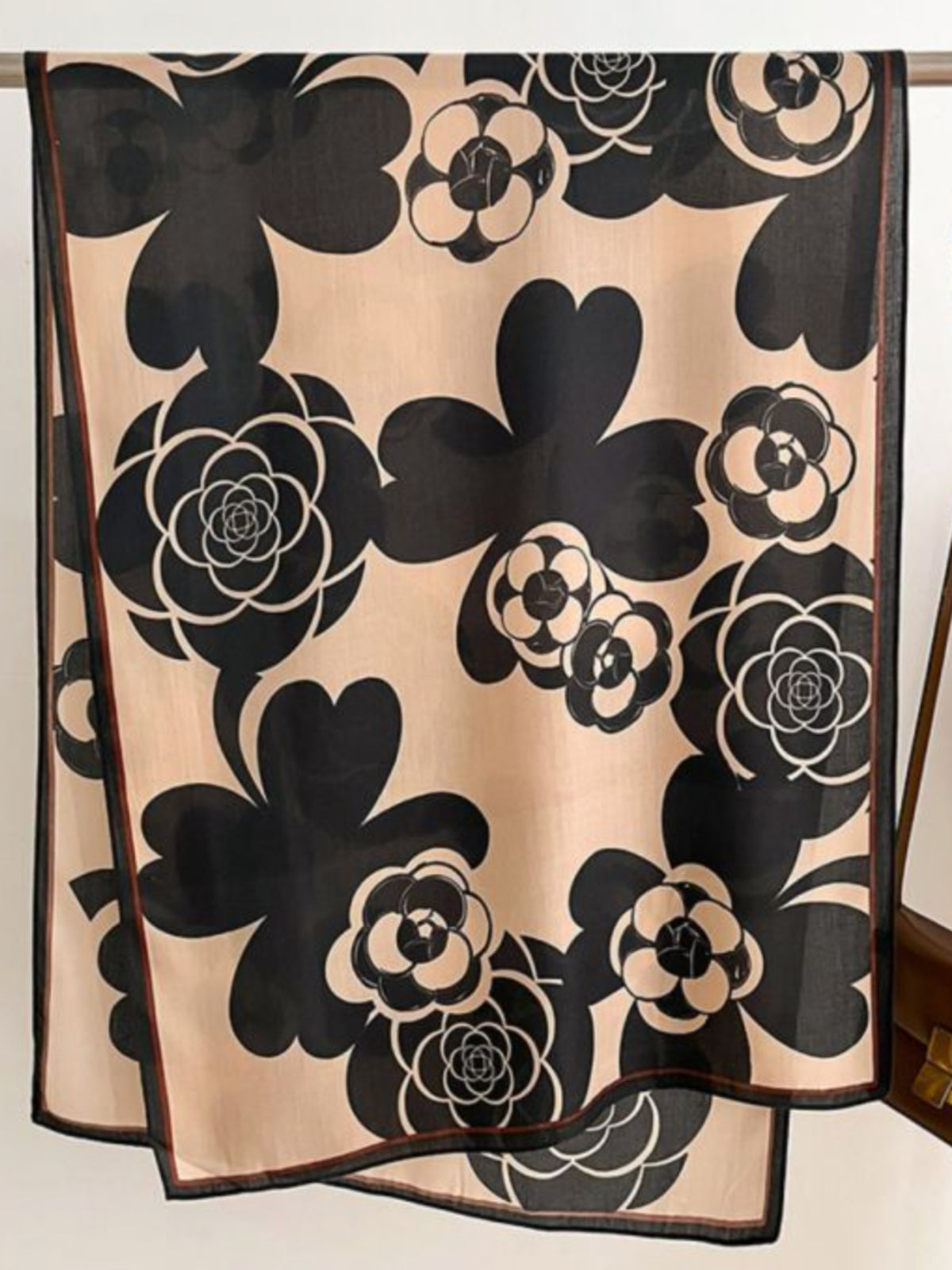 PCHA CC380 Camellia Flower Print Cotton Scarf with oversized floral motifs and slim decorative border.