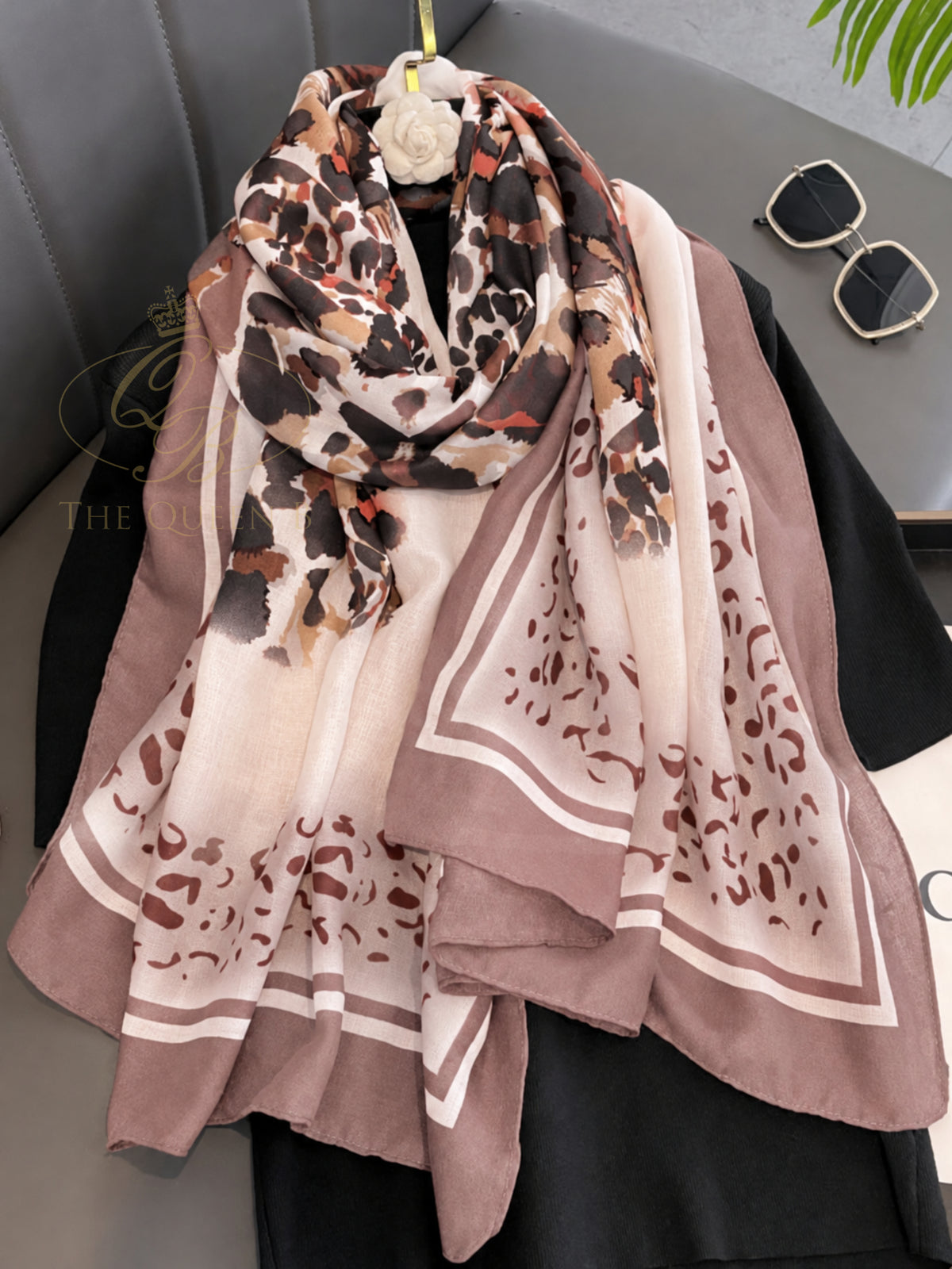 PCHA CC381 Leopard Print Cotton Scarf with bold animal print design and decorative border.