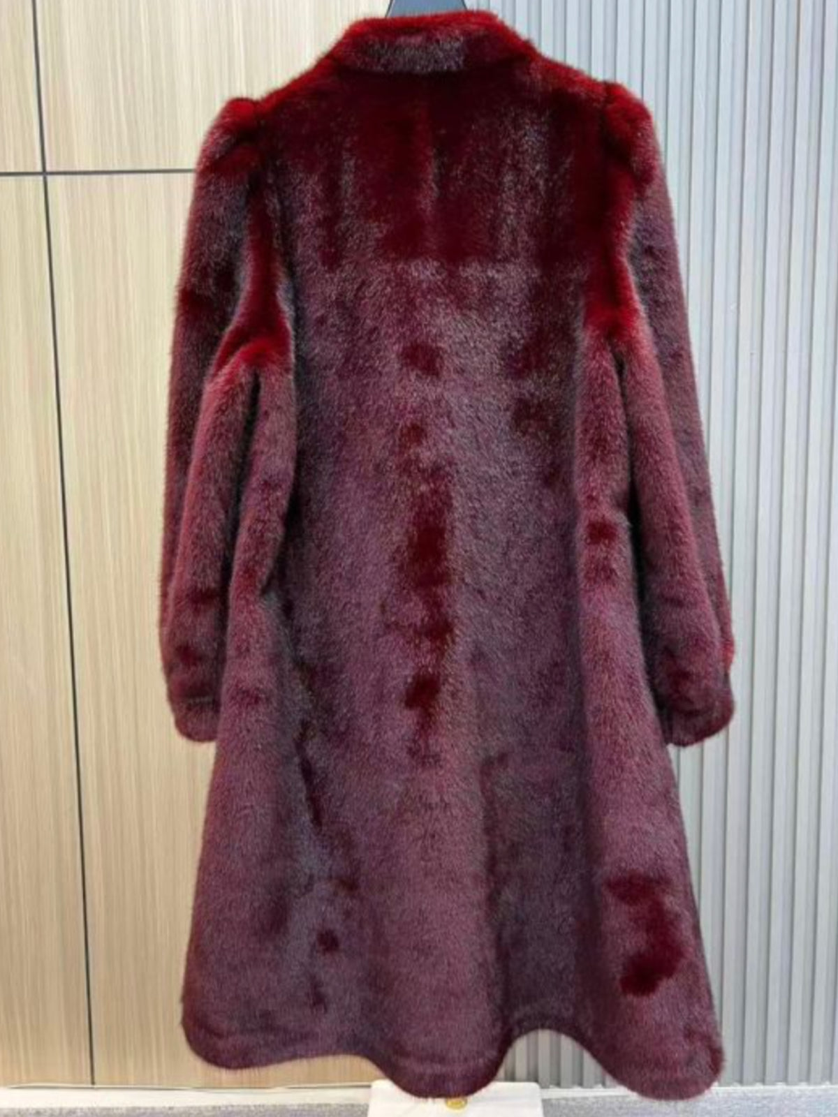 PCHA DH55 Faux Fur Pearl Detailed Long Coat with plush texture, pearl-style buttons and longline silhouette.