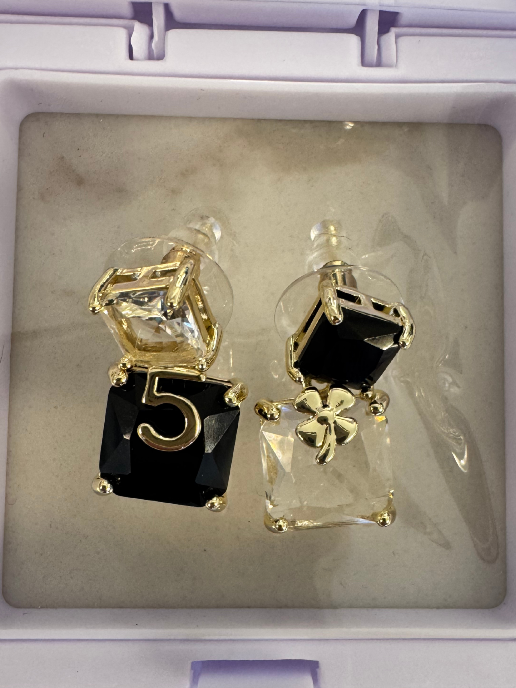 PCHA EUR575 Gold and Black Geometric No 5 Dangle Earrings featuring crystal detailing, asymmetric cube design and luxe gold accents.