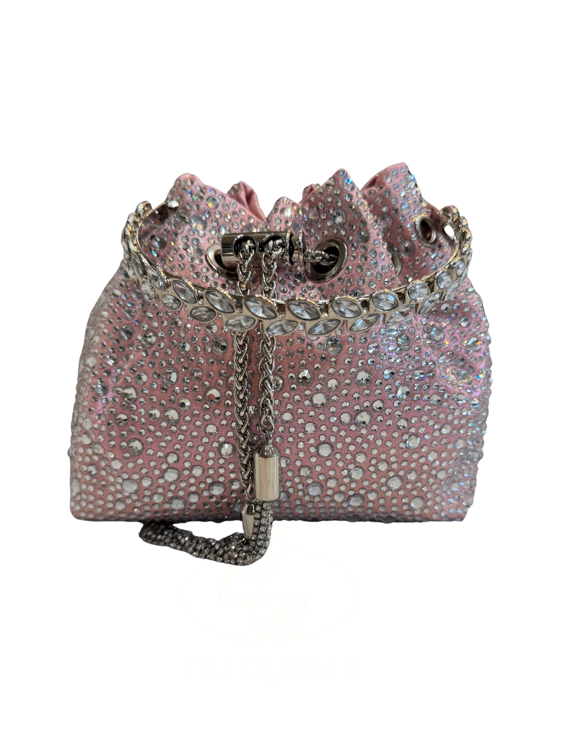 PCHA G1142 Pink Pouch Bag featuring sparkling rhinestone embellishments, silver handle, chain tassel detail and a glamorous drawstring design perfect for evening occasions.