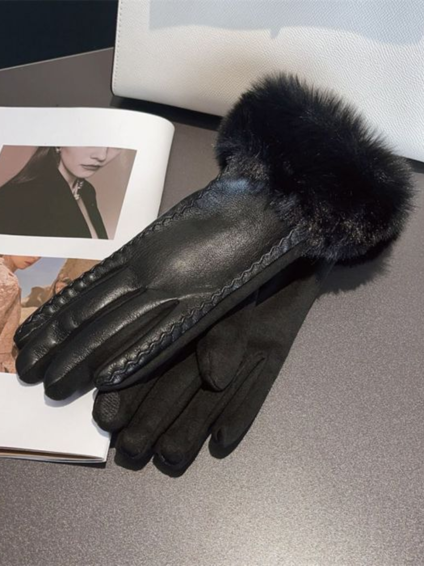 PCHA LG014 Black Faux Leather & Plush Faux Fur Trim Gloves featuring soft faux leather, plush faux fur cuffs and refined stitched detailing — a luxurious winter accessory perfect for elegant seasonal styling.