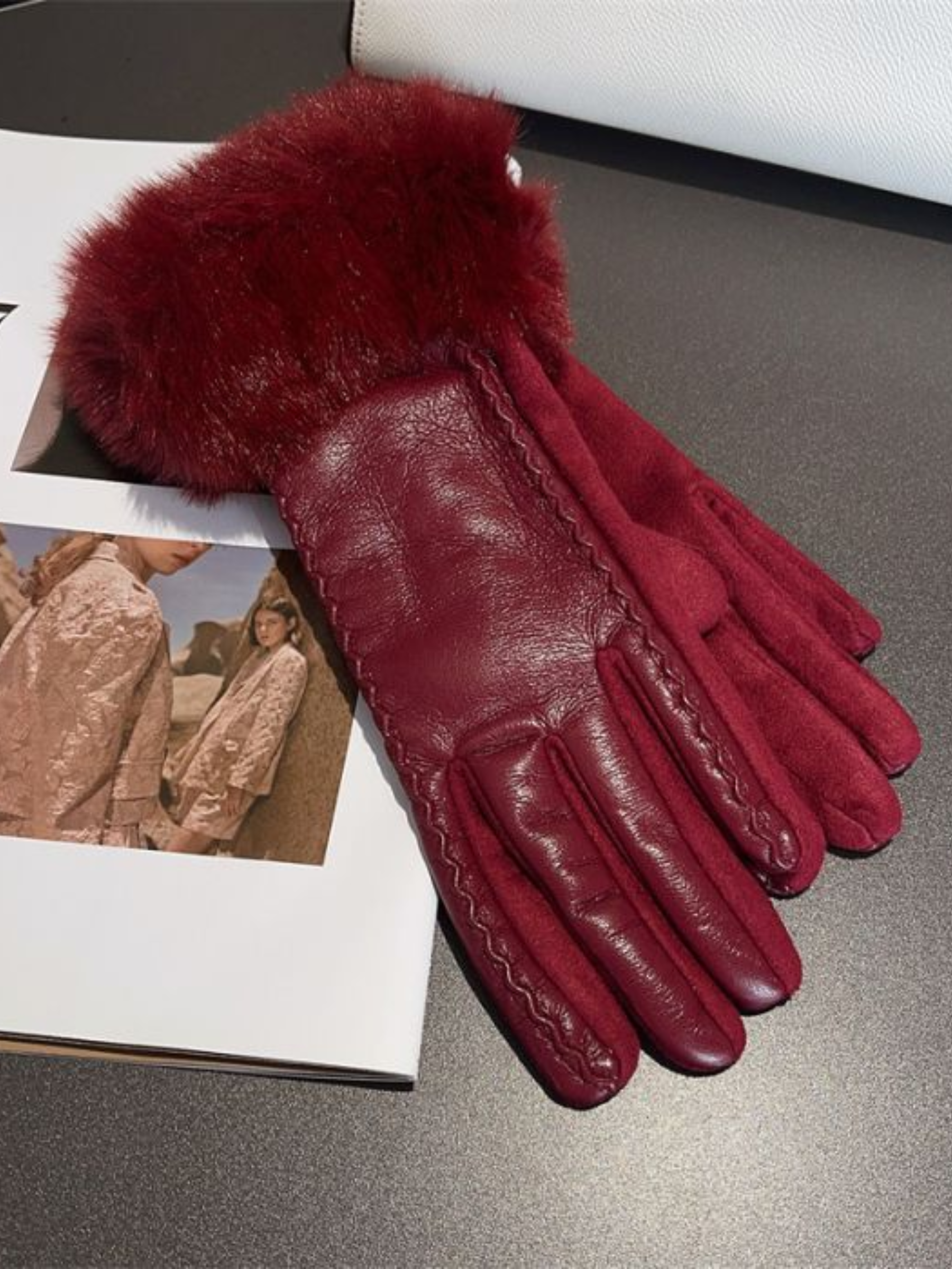 PCHA LG014 Burgundy Faux Leather & Plush Faux Fur Trim Gloves featuring soft faux leather, plush faux fur cuffs and refined stitched detailing — a luxurious winter accessory perfect for elegant seasonal styling.