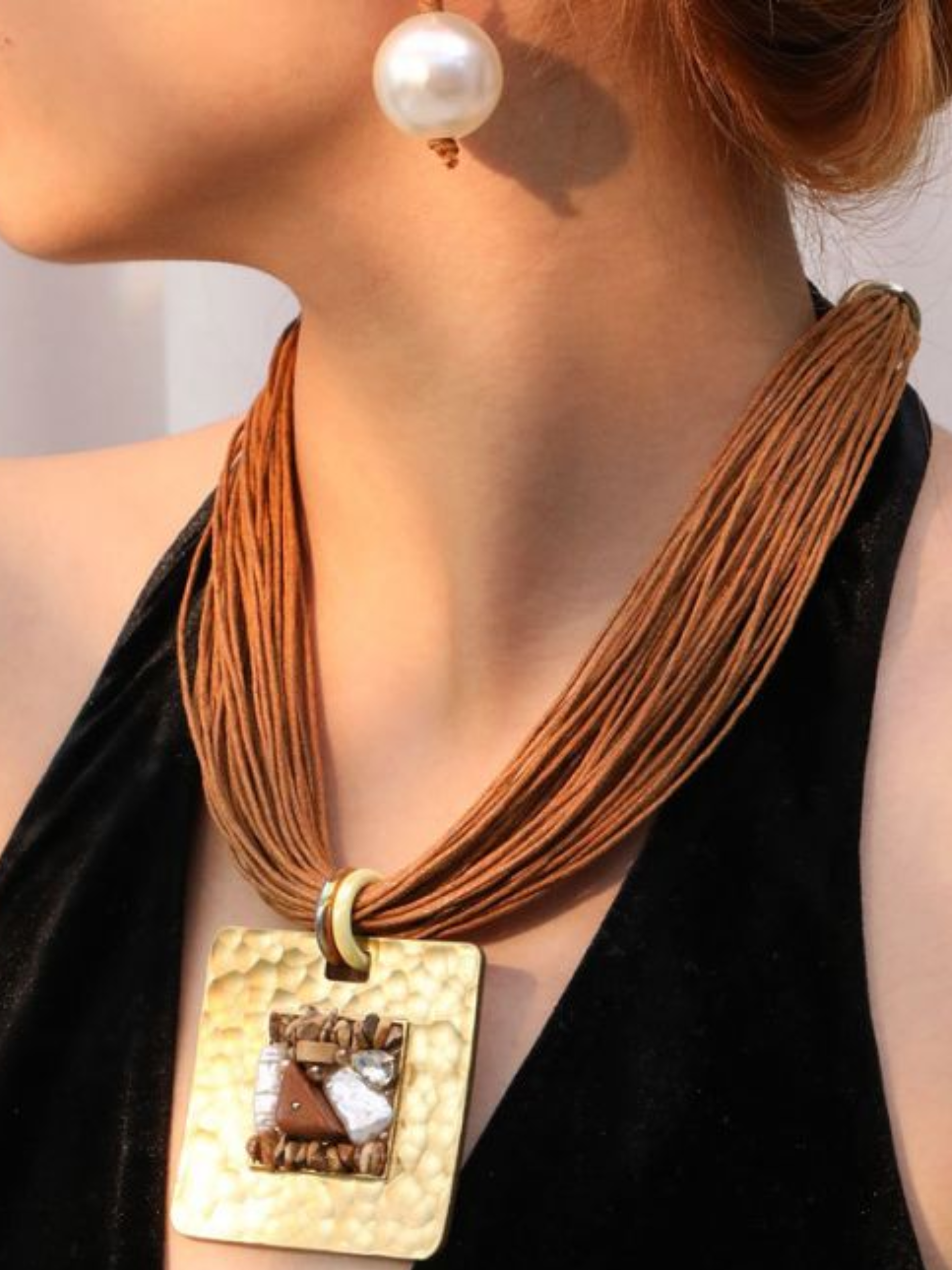 PCHA NEF626 Pendant Multi Strand Corded Necklace with square pendant, corded strands and adjustable fastening