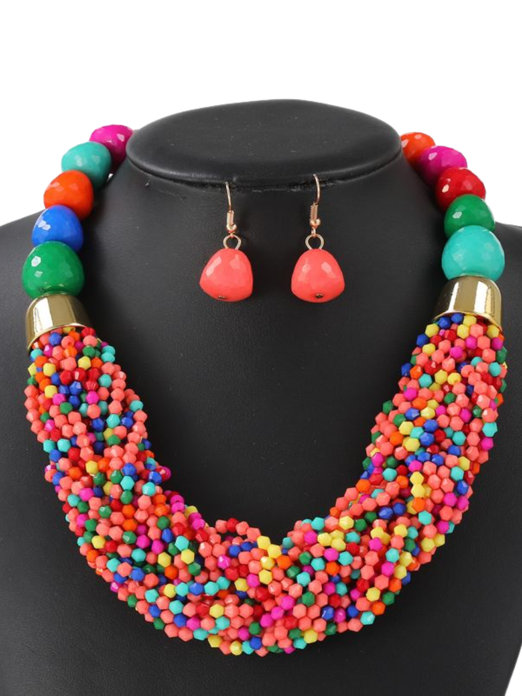 PCHA NEK521 beaded statement necklace with matching dangle earrings, featuring multi-strand bead detailing and bold colour finish.
